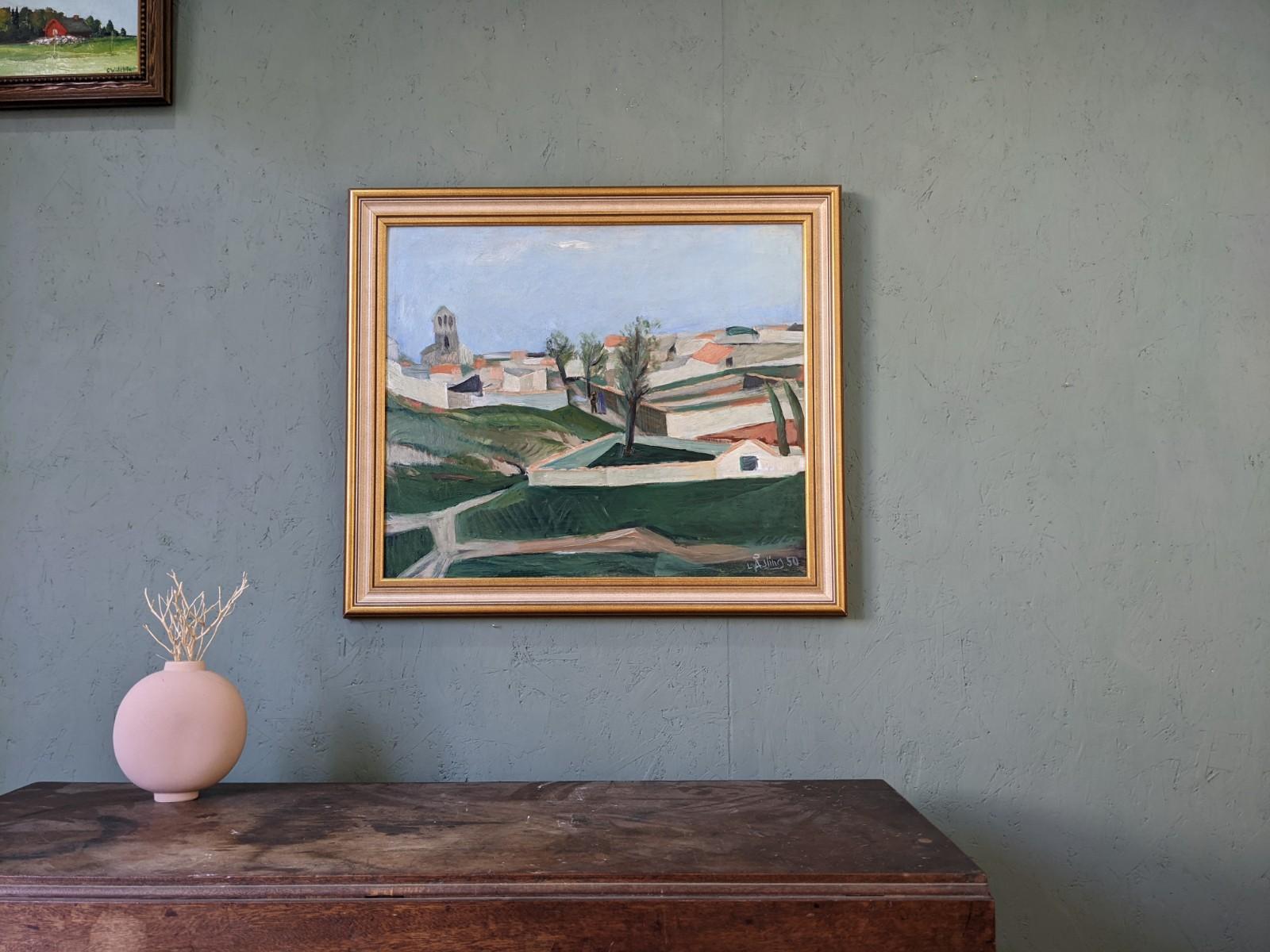 SLOPE
Size: 63 x 73 cm (including frame)
Oil on board

A very pleasant and soothing modernist style landscape painting, executed in oil onto board and dated 1950.

In this scenic and atmospheric sloping landscape composition that is filled with