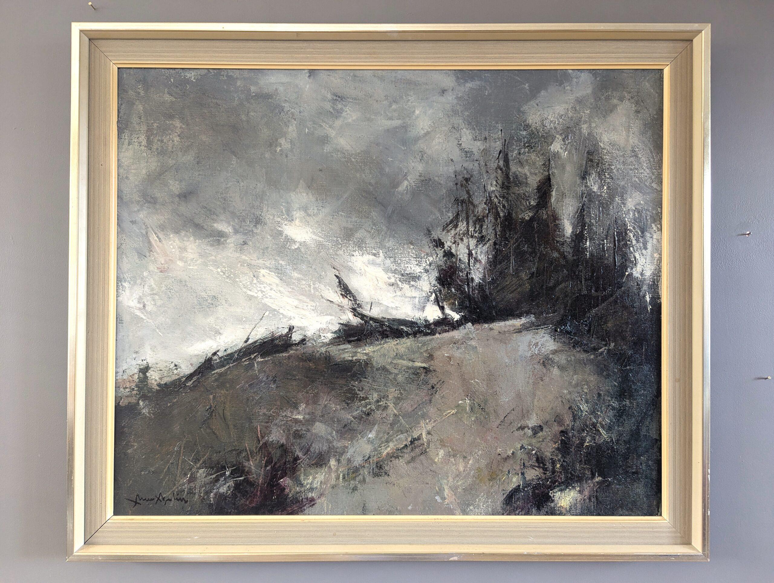 Vintage Mid Century Modern Swedish Landscape Framed Oil Painting - Storm's Edge - Gray Landscape Painting by Unknown