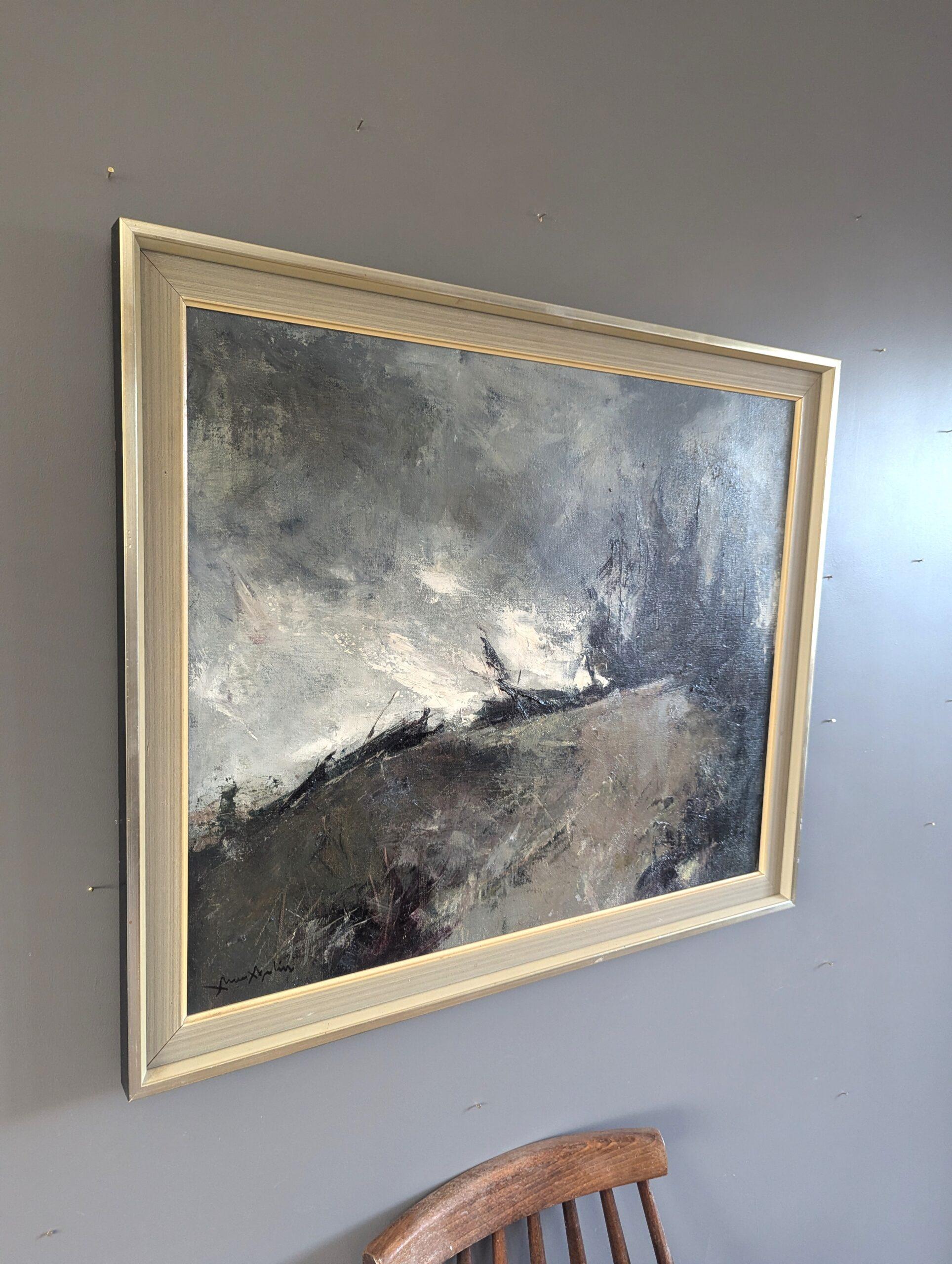 Vintage Mid Century Modern Swedish Landscape Framed Oil Painting - Storm's Edge For Sale 1
