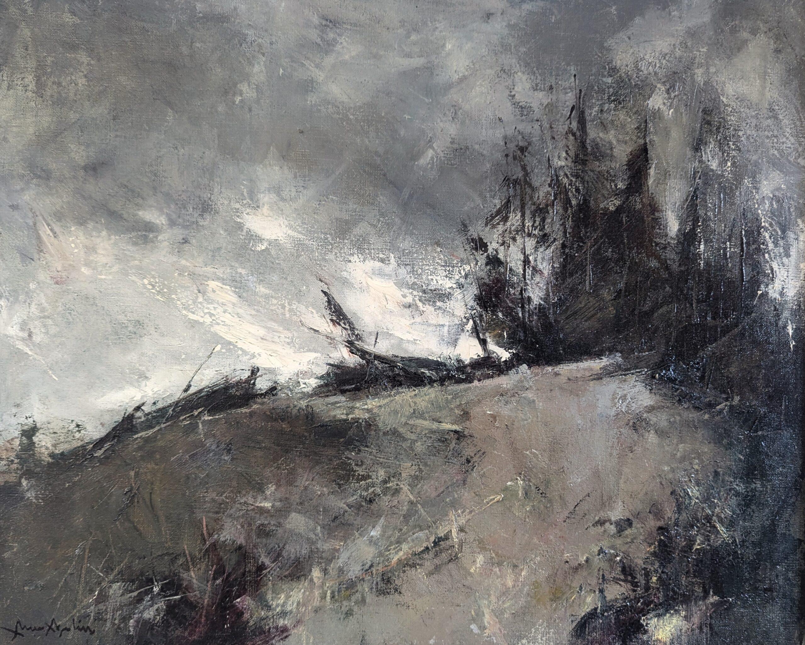 Vintage Mid Century Modern Swedish Landscape Framed Oil Painting - Storm's Edge For Sale 4