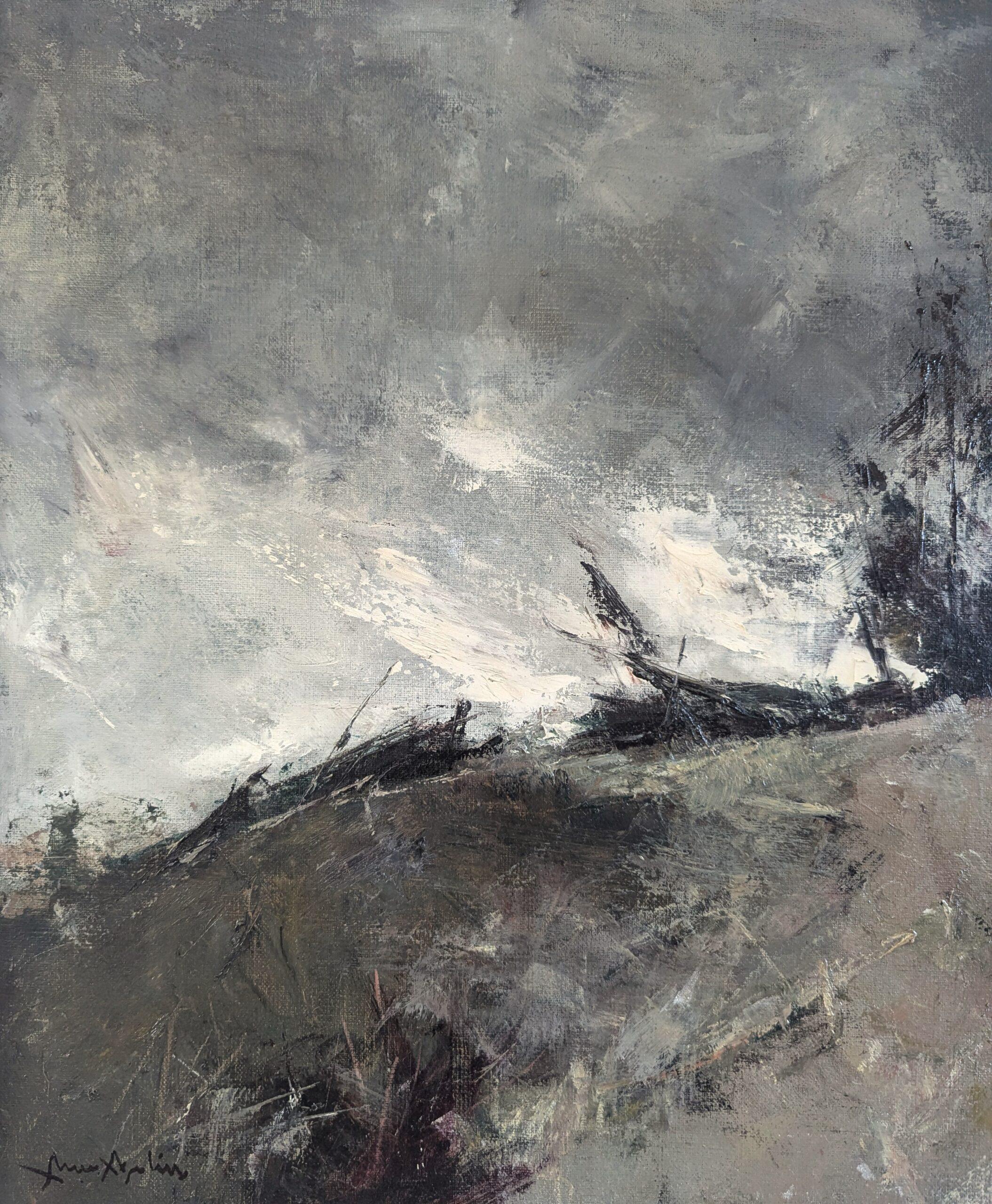 Vintage Mid Century Modern Swedish Landscape Framed Oil Painting - Storm's Edge For Sale 5