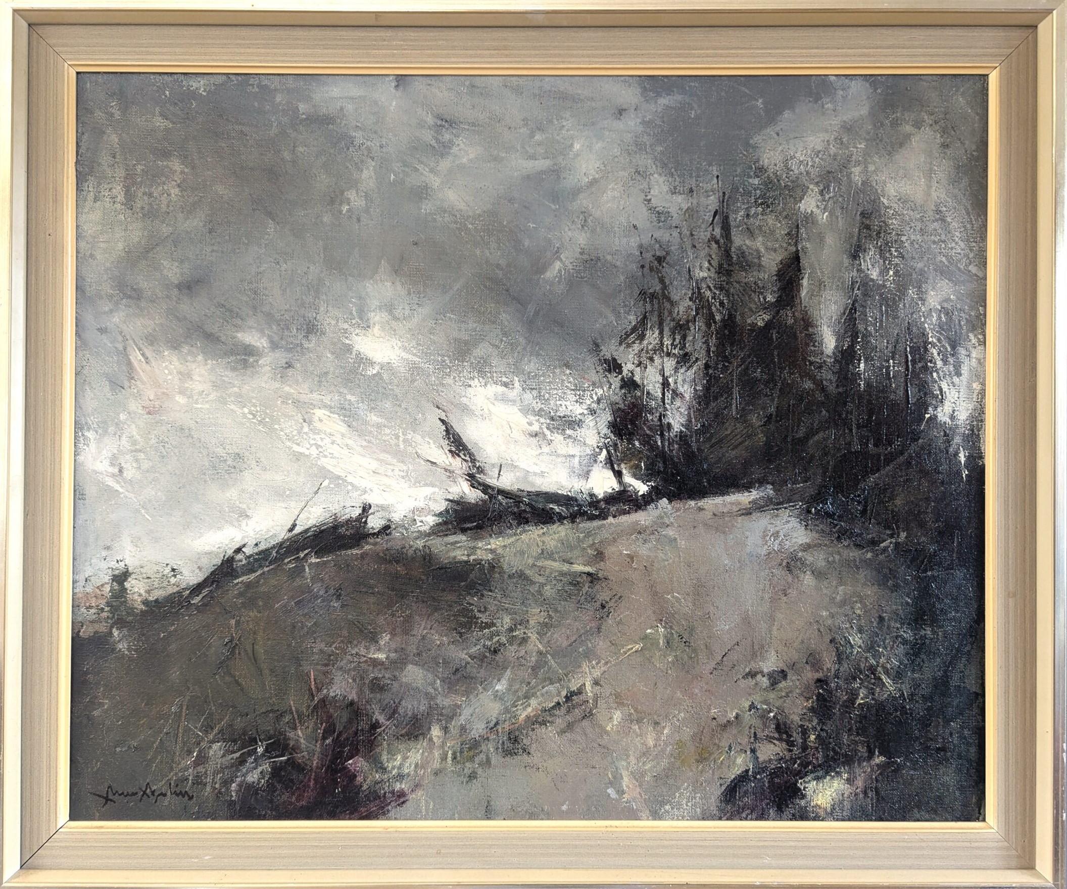 Unknown Landscape Painting - Vintage Mid Century Modern Swedish Landscape Framed Oil Painting - Storm's Edge