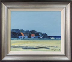 Vintage Mid-Century Modern Swedish Landscape Oil Painting- Farmhouses by the Sea