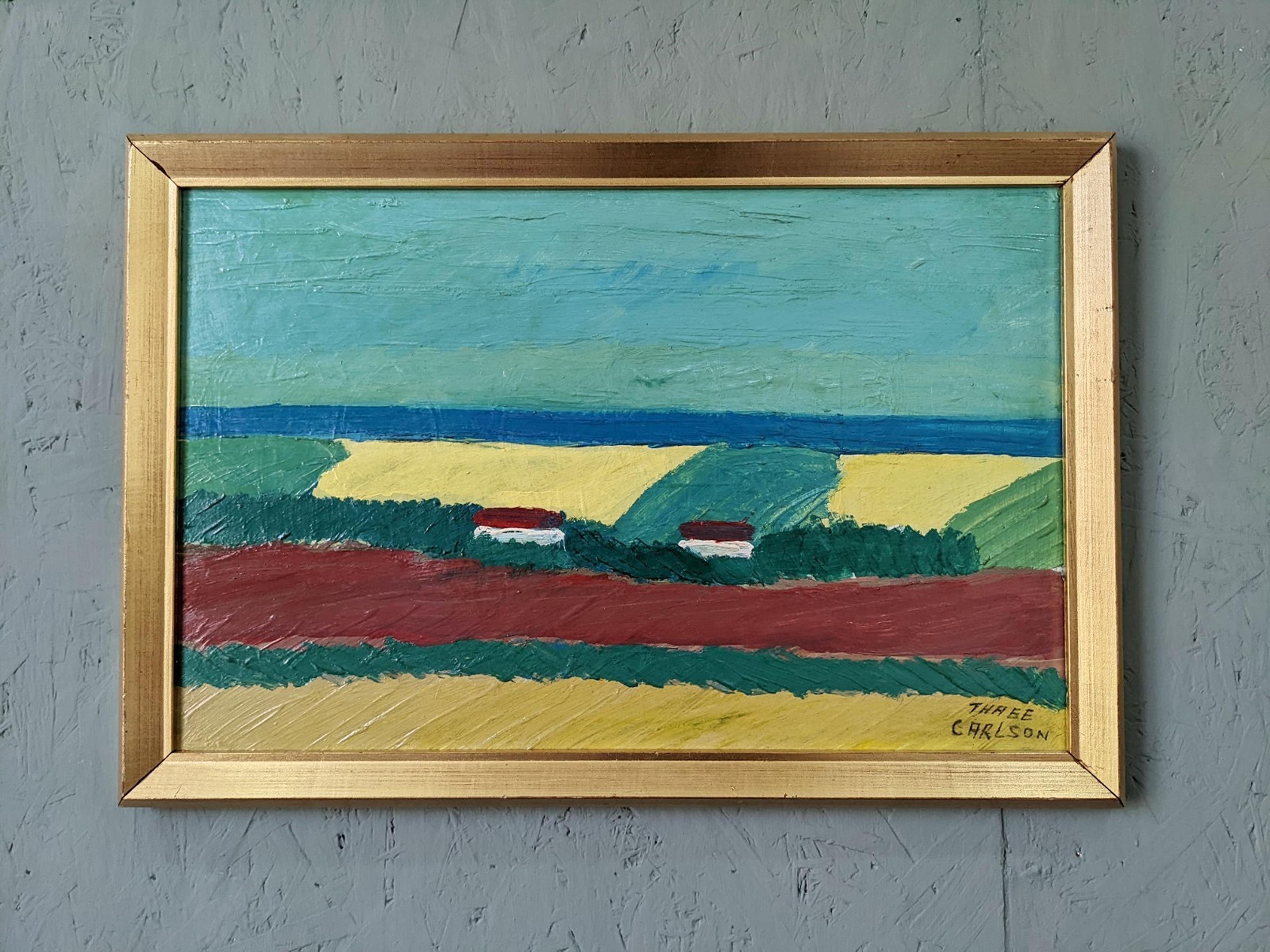 CAMPI IN ESTATE
Dimensioni: 35 x 52 cm (compresa la cornice)
Olio su tavola

Vivace e suggestivo dipinto di paesaggio della metà del secolo, eseguito a olio su tavola.

Questa composizione panoramica riccamente colorata presenta due case sedute
