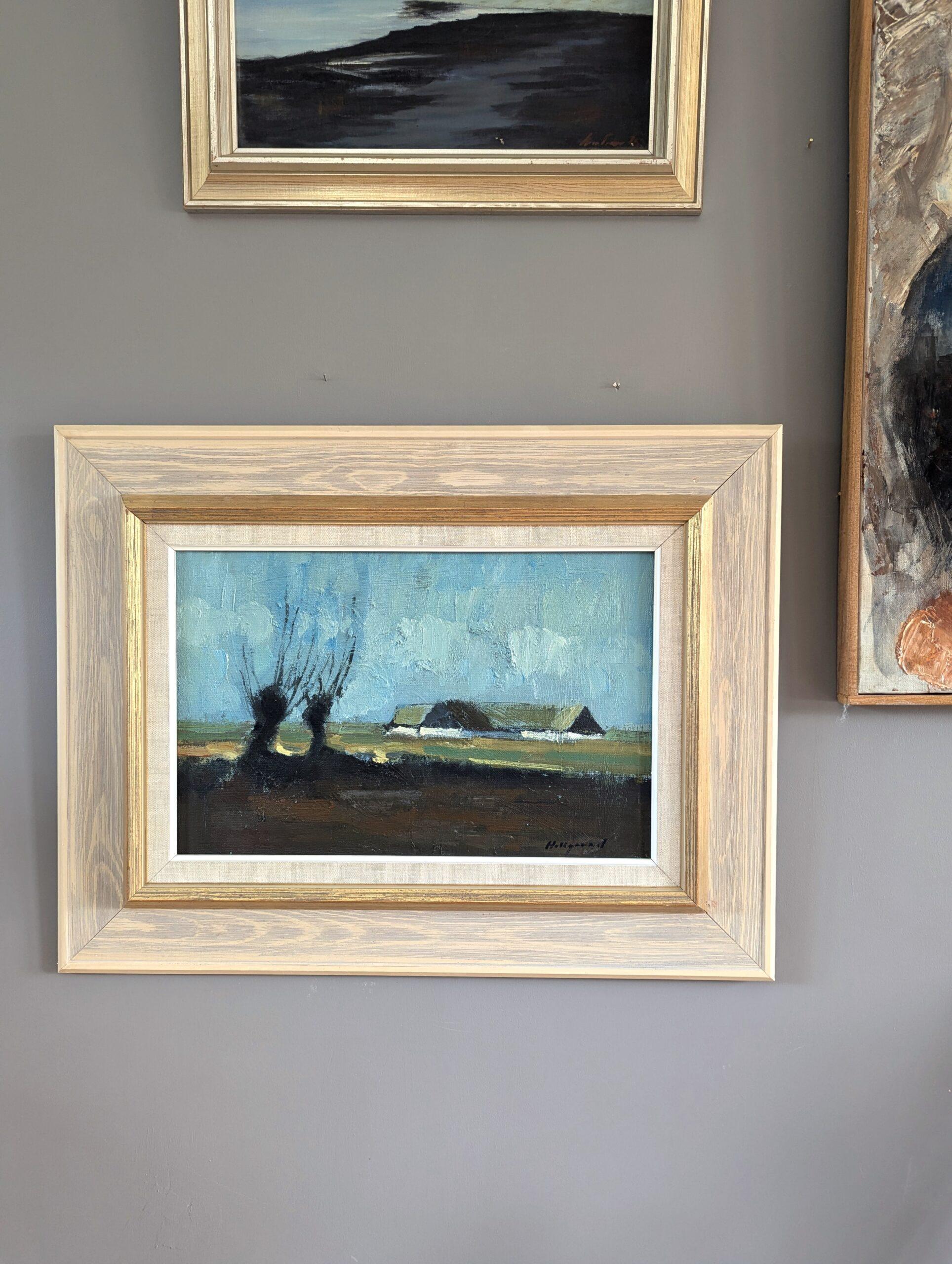 FROM THE DISTANCE
Oil on Canvas
Size: 49 x 64 cm (including frame)

A tranquil and restful mid-century modernist landscape composition, executed in oil onto canvas.

This panoramic and scenic view of nature presents a landscape setting of a vast