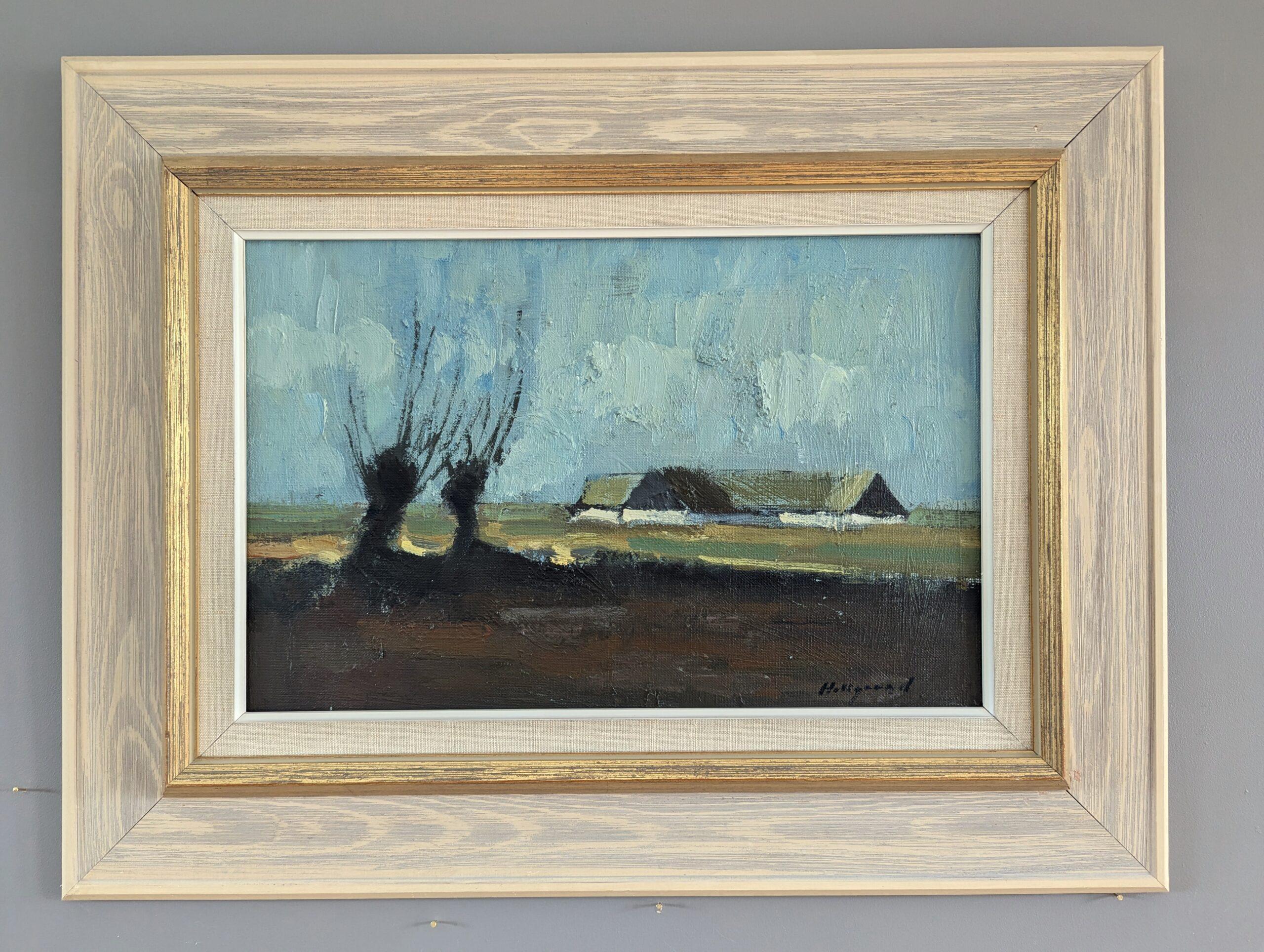 Vintage Mid-Century Modern Swedish Landscape Oil Painting - From the Distance For Sale 1