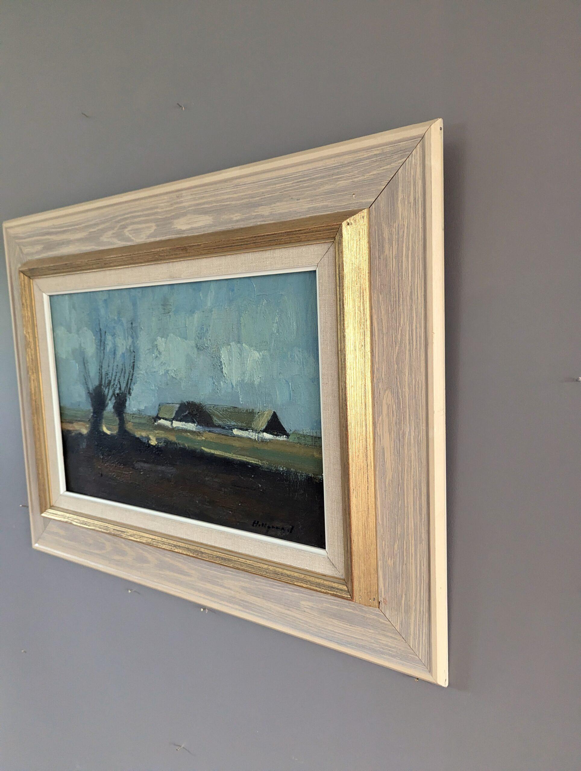 Vintage Mid-Century Modern Swedish Landscape Oil Painting - From the Distance For Sale 2