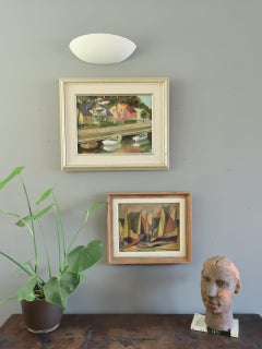 Pintura al óleo Vintage Mid Century Modern Swedish Landscape - Casas junto al canal