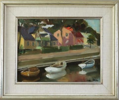 Pintura al óleo Vintage Mid Century Modern Swedish Landscape - Casas junto al canal