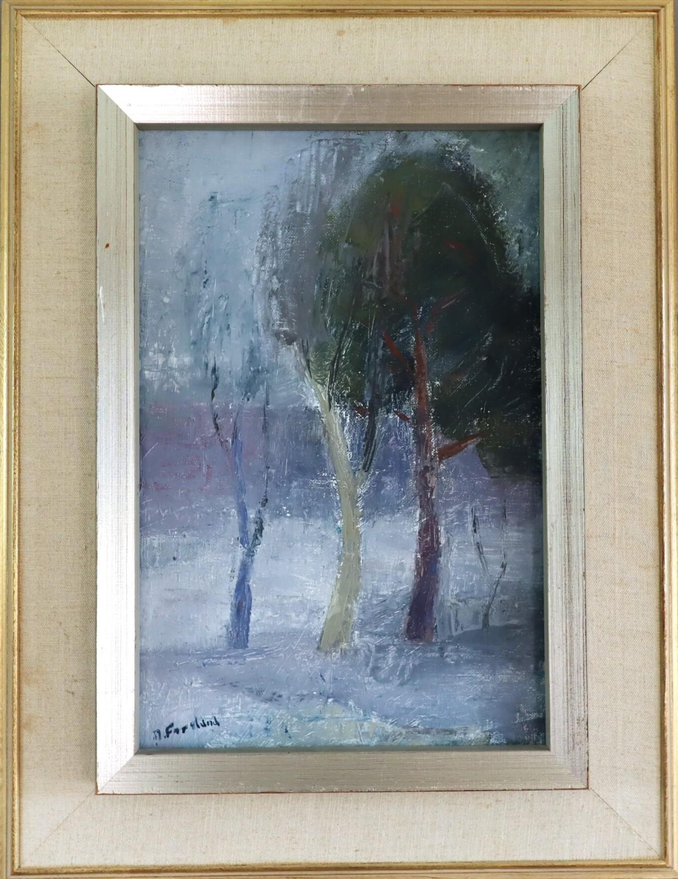 Unknown Landscape Painting - Vintage Mid Century Modern Swedish Landscape Oil Painting - Hushed Trees