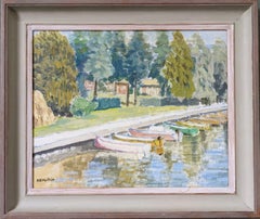 Vintage Mid-Century Modern Swedish Landscape Oil Painting - Lakefront