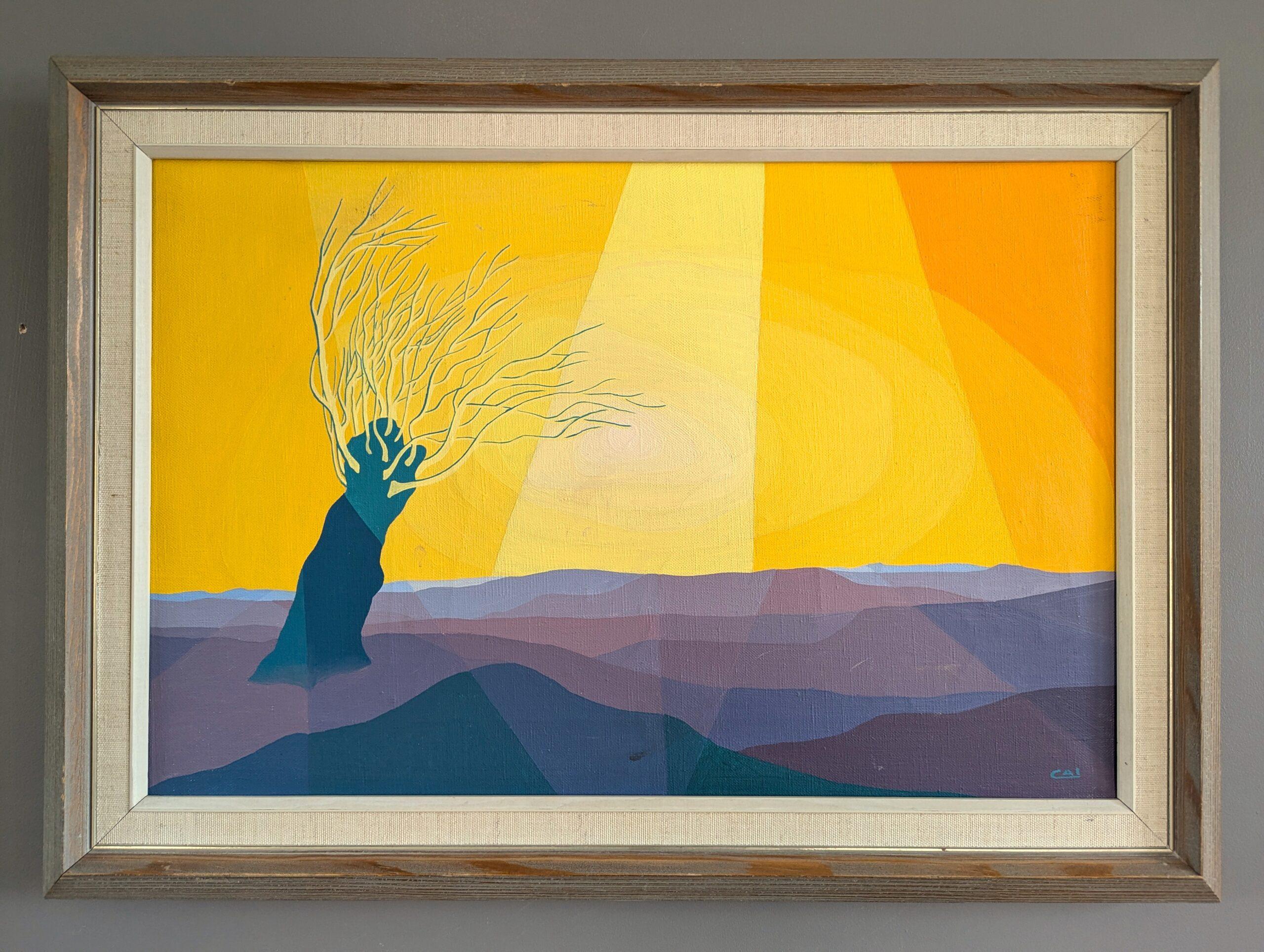 Pintura al óleo Vintage Mid Century Modern Swedish Landscape - Árbol iluminado por el sol - Painting de Unknown