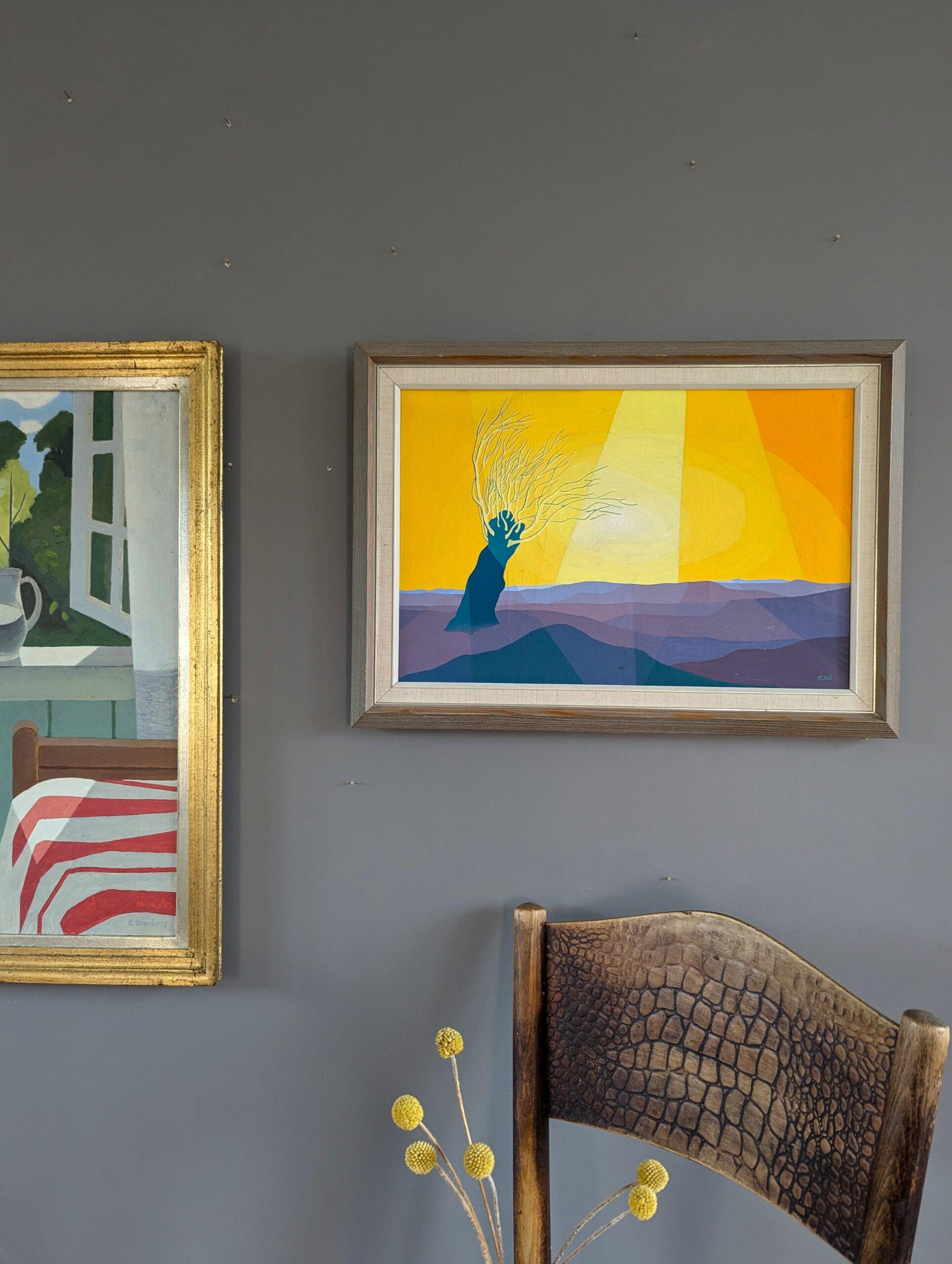 Pintura al óleo Vintage Mid Century Modern Swedish Landscape - Árbol iluminado por el sol - Painting Moderno de Unknown