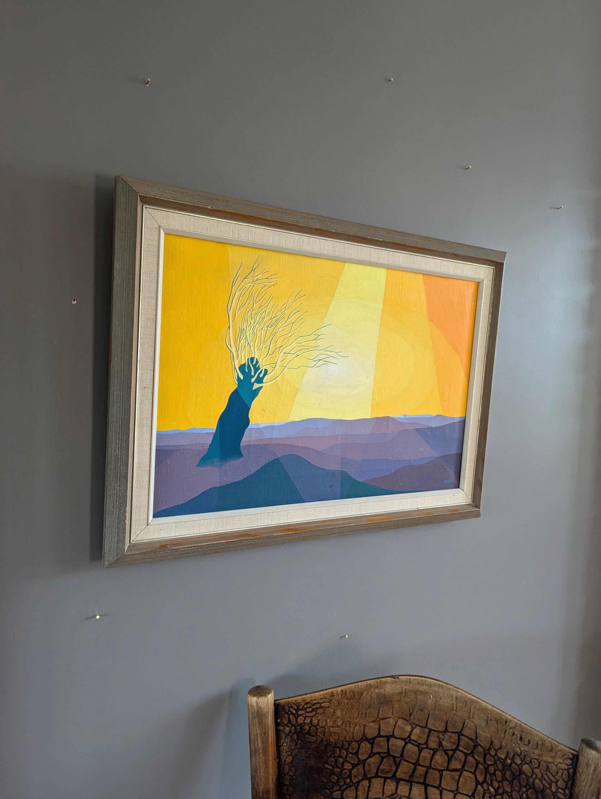 Pintura al óleo Vintage Mid Century Modern Swedish Landscape - Árbol iluminado por el sol - Landscape Painting Marrón de Unknown