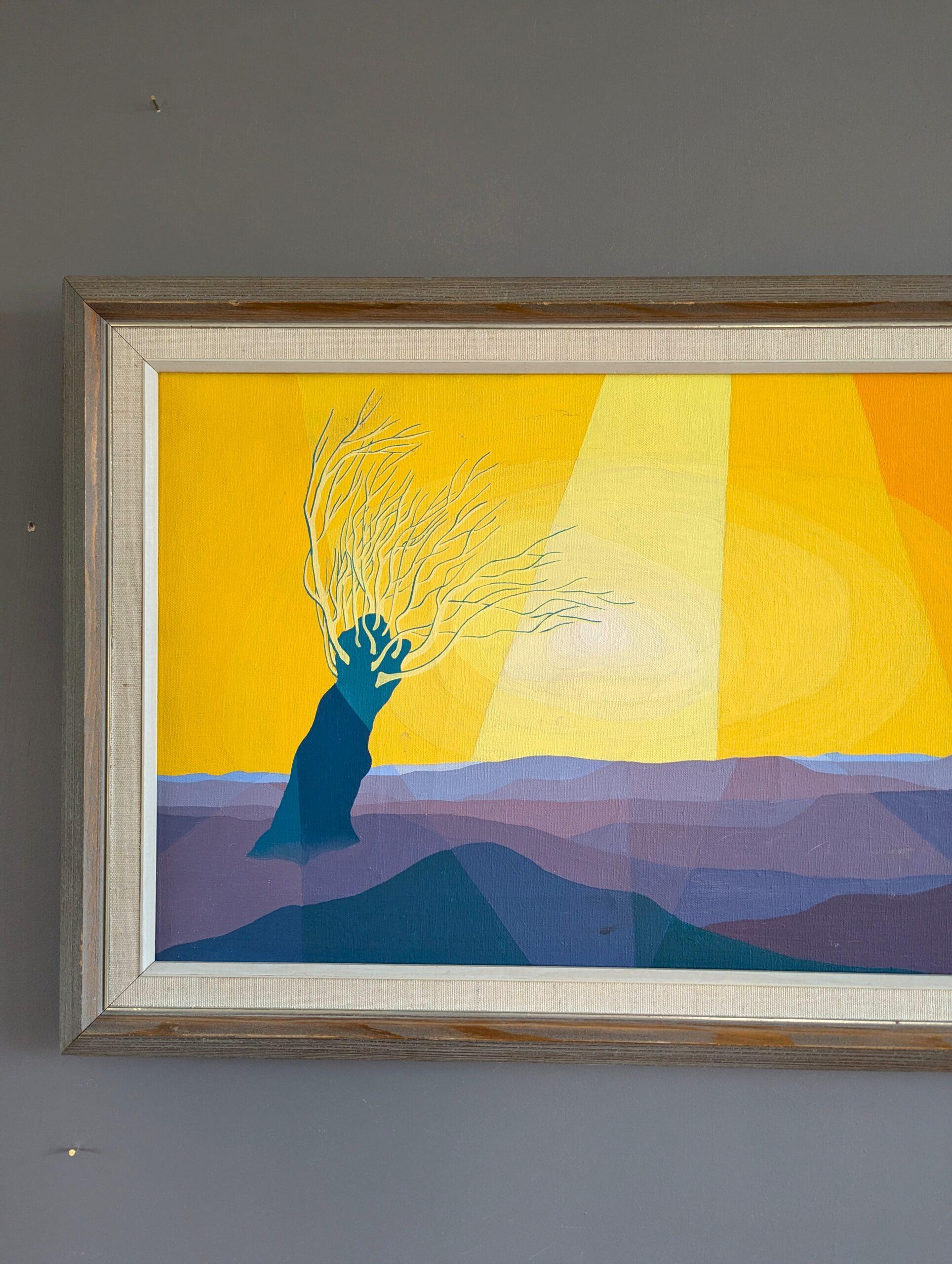 Pintura al óleo Vintage Mid Century Modern Swedish Landscape - Árbol iluminado por el sol en venta 1