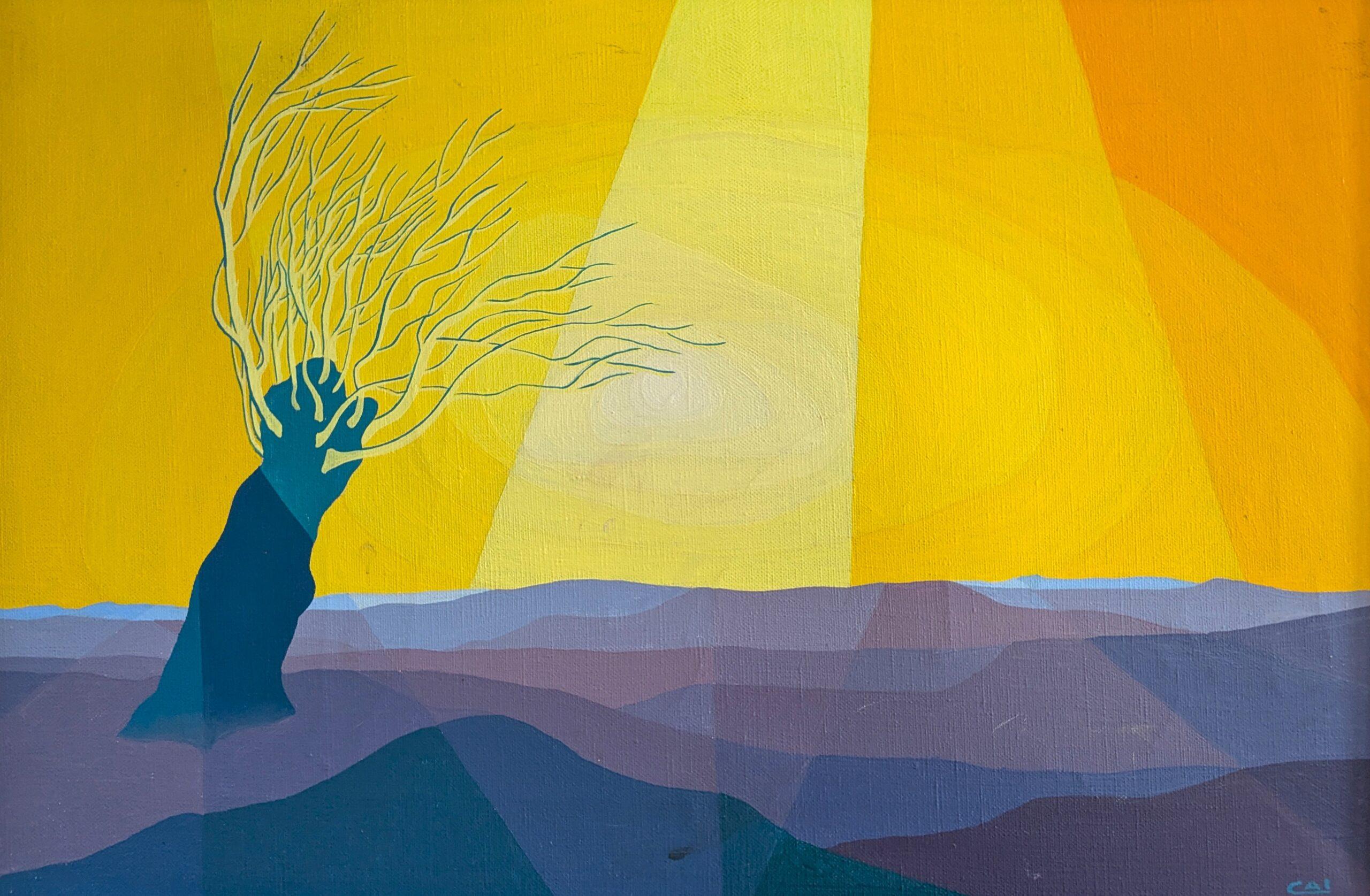 Pintura al óleo Vintage Mid Century Modern Swedish Landscape - Árbol iluminado por el sol en venta 3