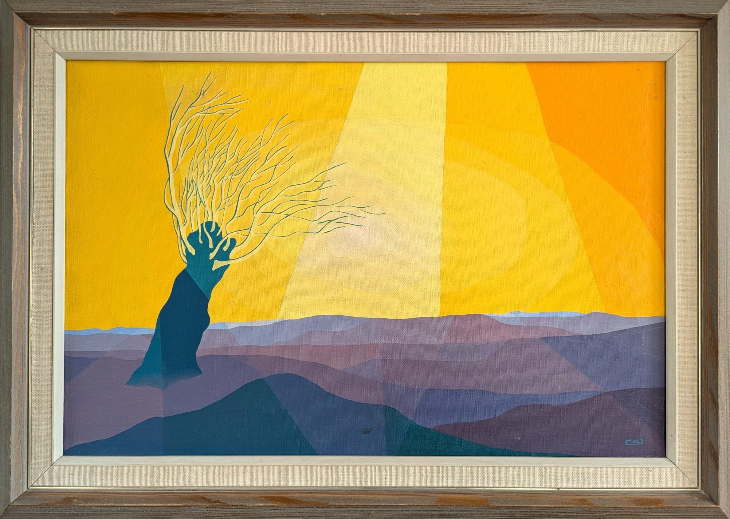 Landscape Painting de Unknown - Pintura al óleo Vintage Mid Century Modern Swedish Landscape - Árbol iluminado por el sol
