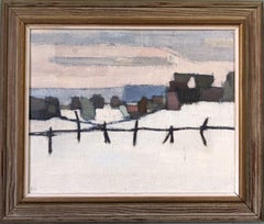 Vintage Mid-Century Modern Swedish Landscape Oil Painting - Winter Fence, Framed