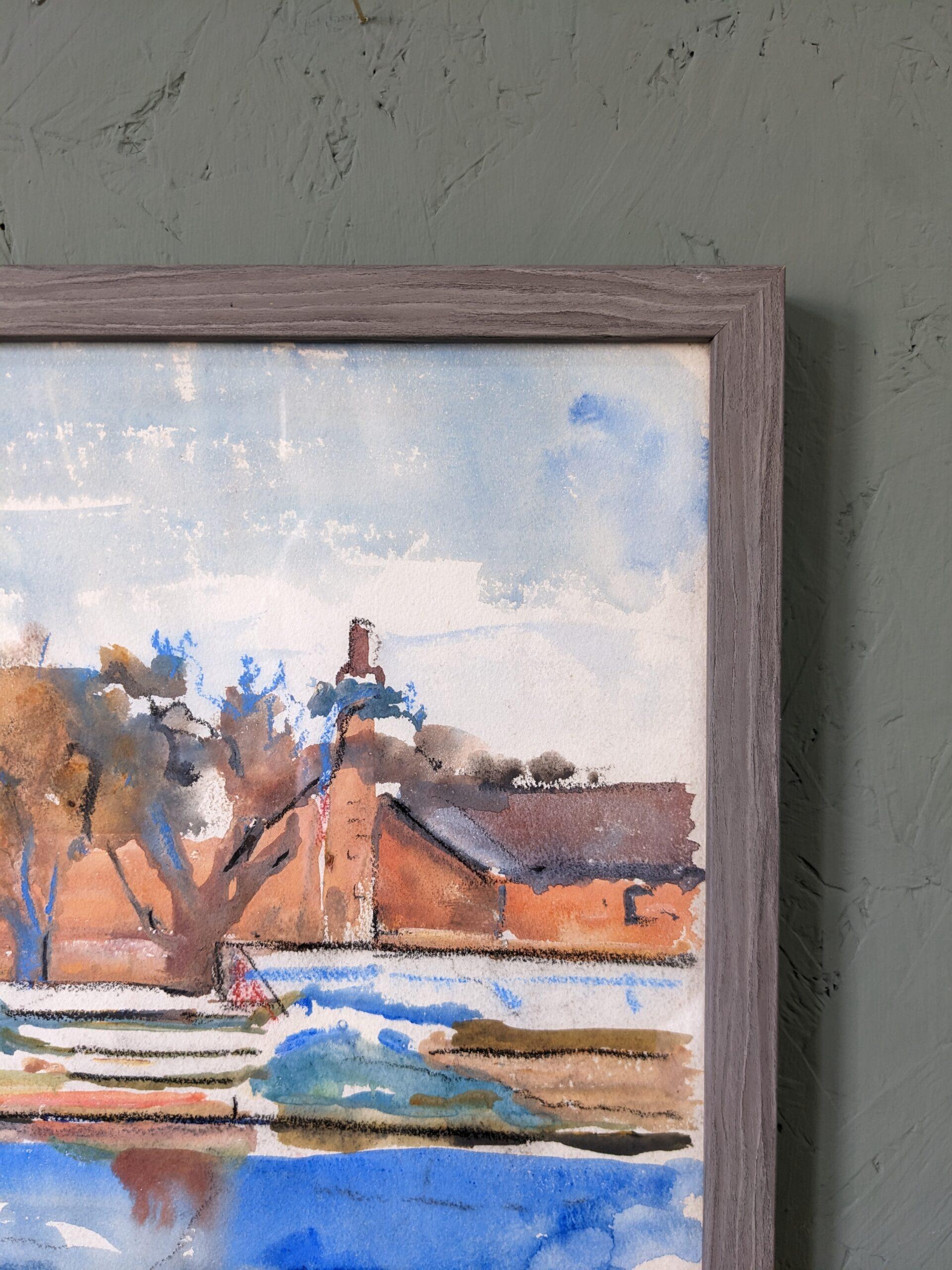 Vintage Mid Century Modern Swedish Landscape Watercolour 