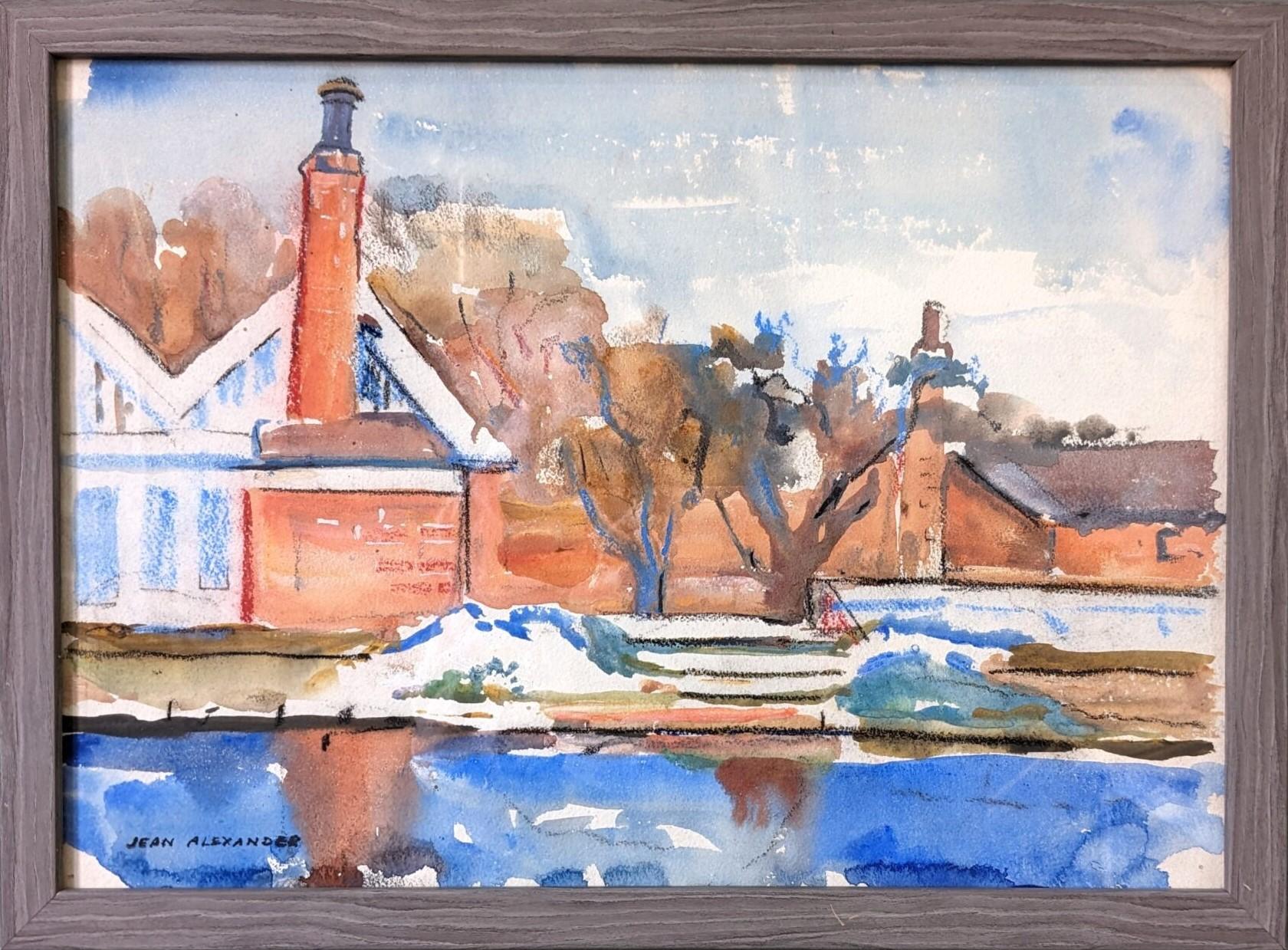 Unknown Landscape Painting - Vintage Mid Century Modern Swedish Landscape Watercolour "The Waterway"