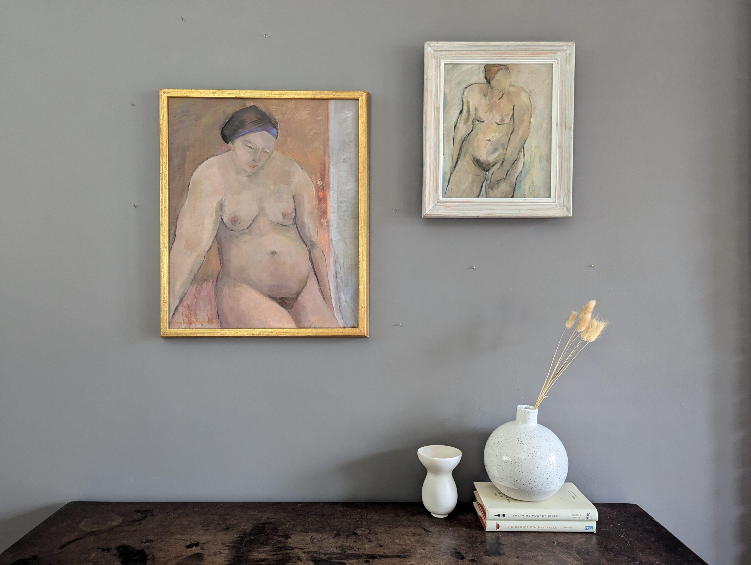 Vintage Mid-Century Modern Swedish Nude Figurative Framed Oil Painting - Carolyn - Brown Nude Painting by Unknown