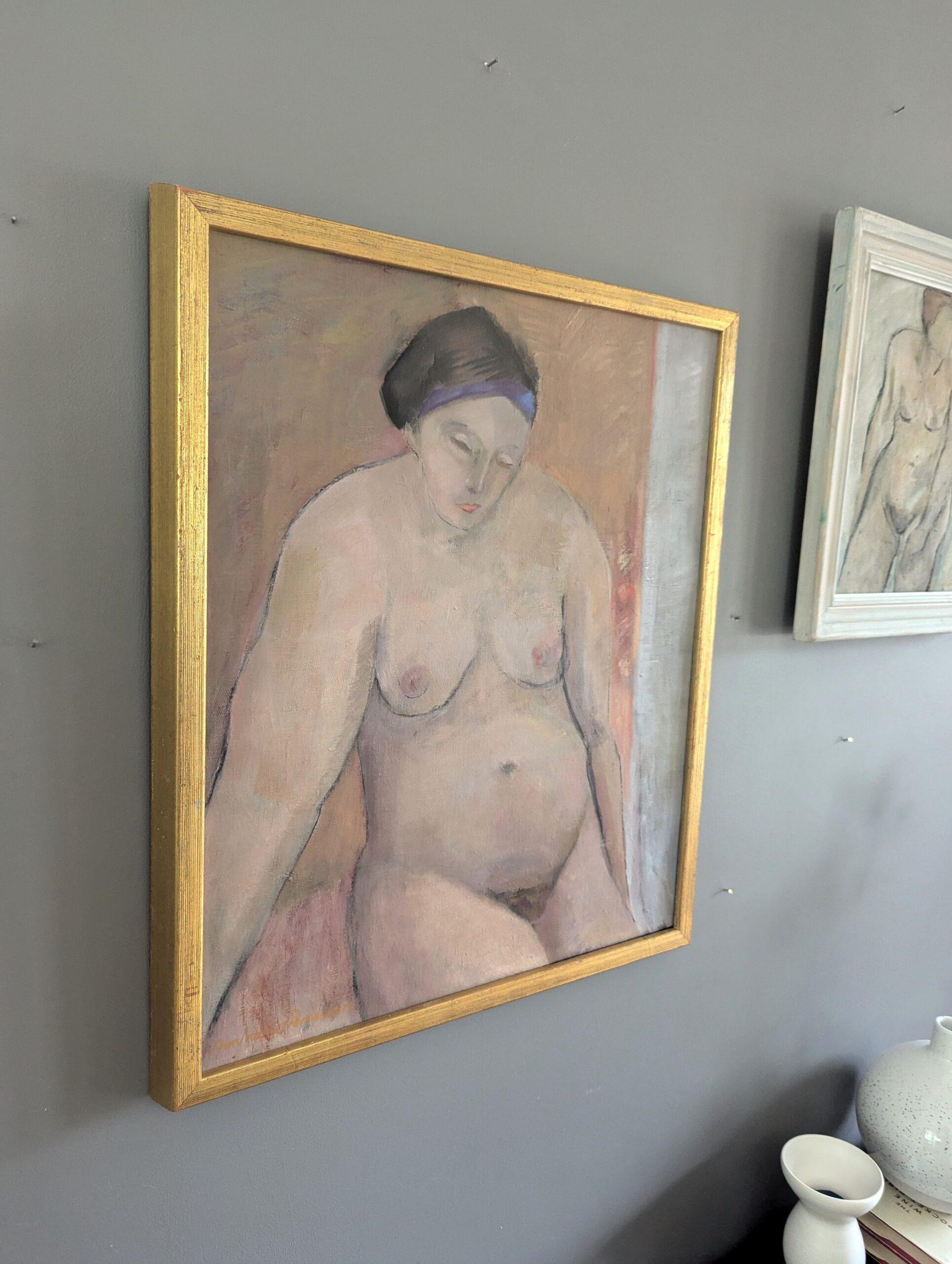 Vintage Mid-Century Modern Swedish Nude Figurative Framed Oil Painting - Carolyn 1