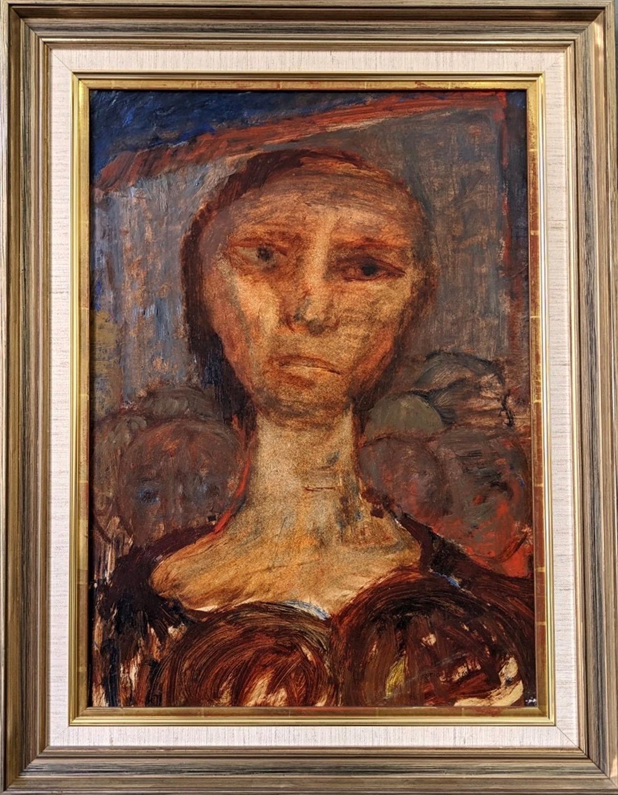 Peinture à l'huile suédoise vintage encadrée moderne du milieu du siècle dernier - Portrait en sépia