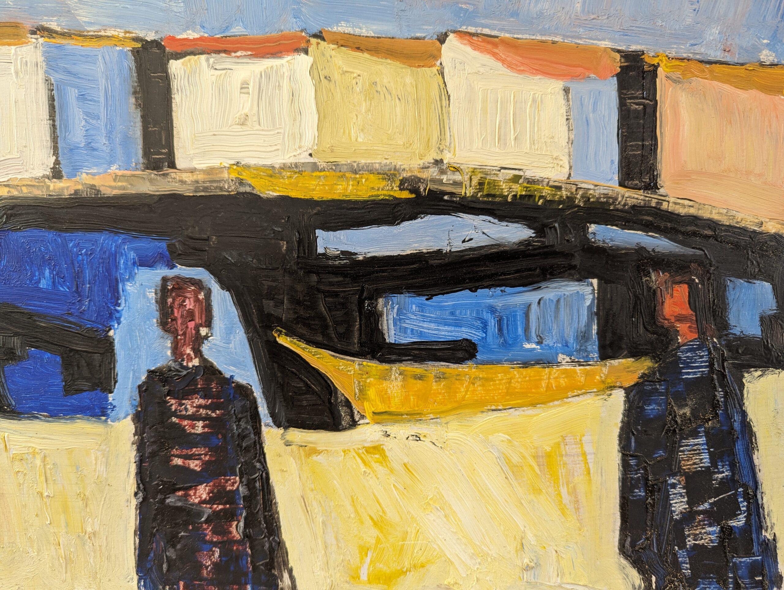 Pittura ad olio svedese d'epoca della metà del secolo scorso - Figure al porto 5