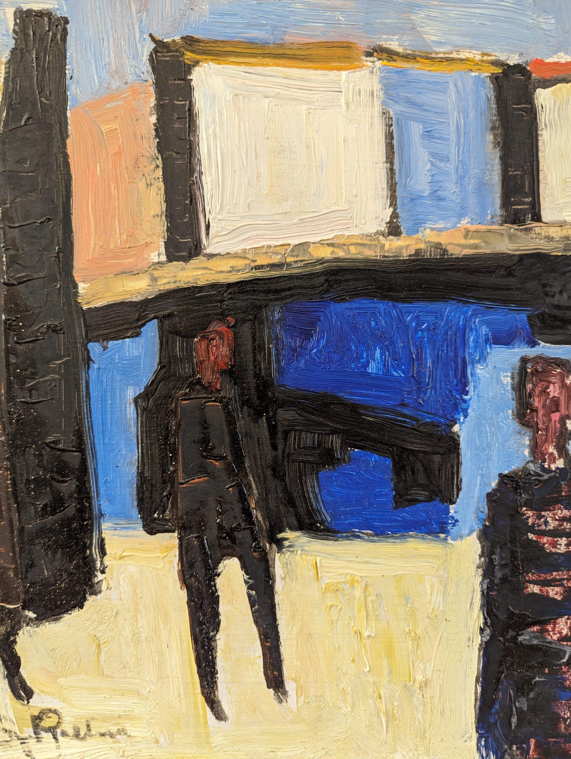 Pittura ad olio svedese d'epoca della metà del secolo scorso - Figure al porto 6