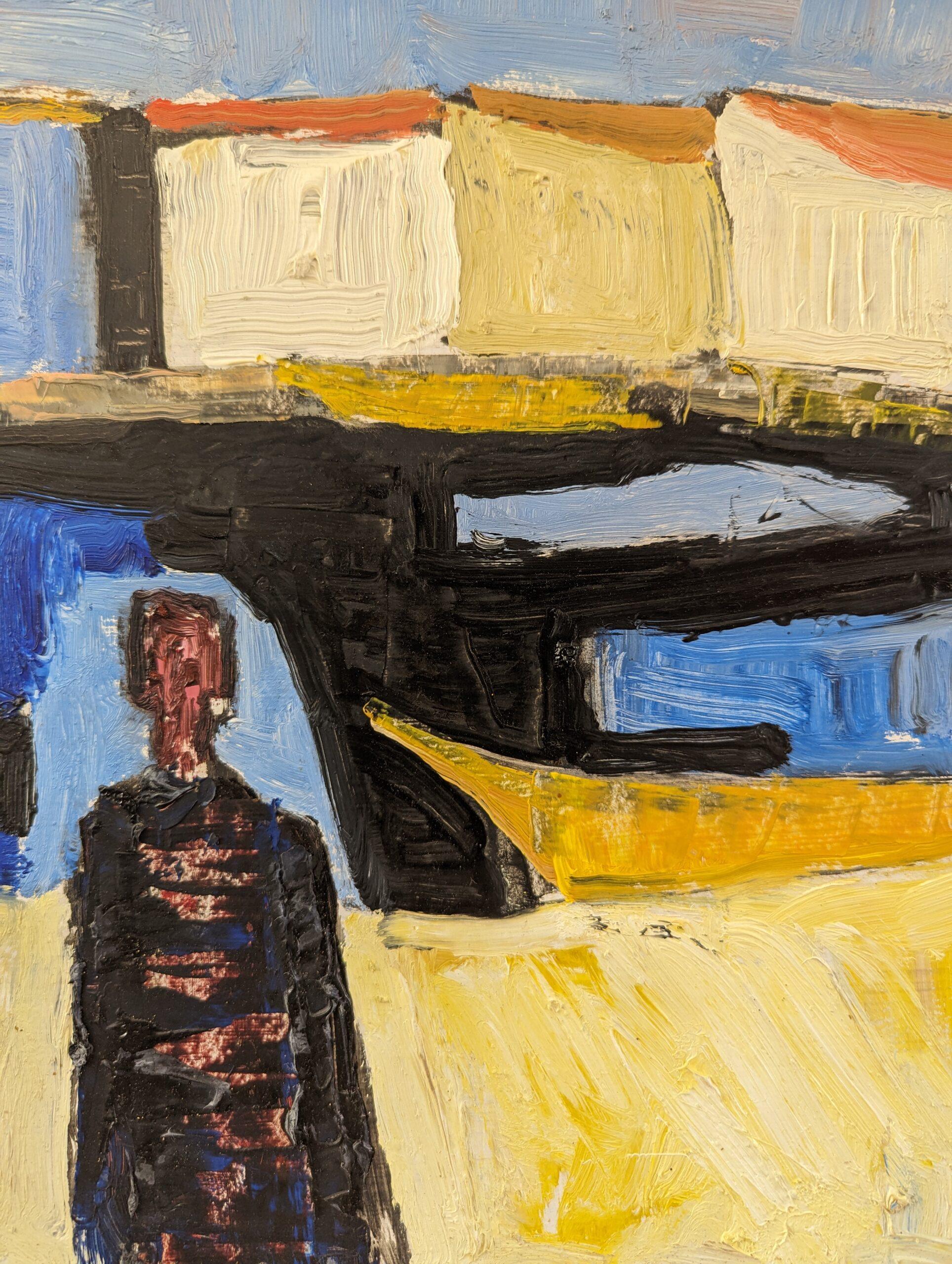 Pittura ad olio svedese d'epoca della metà del secolo scorso - Figure al porto 7