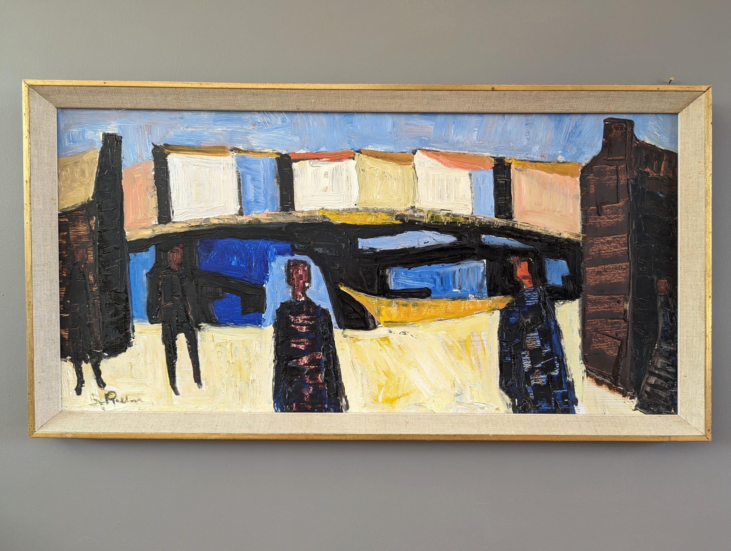 FIGURES BY THE HARBOUR 
Oil on Board 
Size: 34 x 64 cm (including frame)

Characterised by bold lines, vivid colours and distinct forms, this painting carries a modernist ethos. We see three figures standing by a harbour, but the artist has chosen