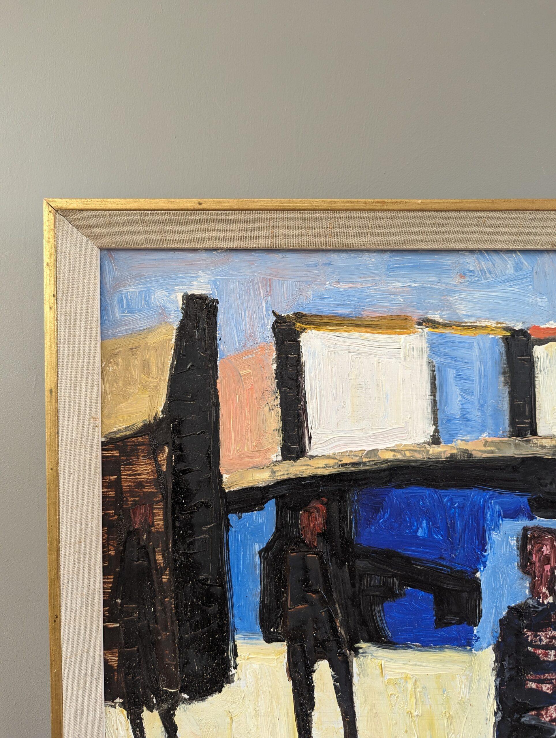 Pittura ad olio svedese d'epoca della metà del secolo scorso - Figure al porto 1