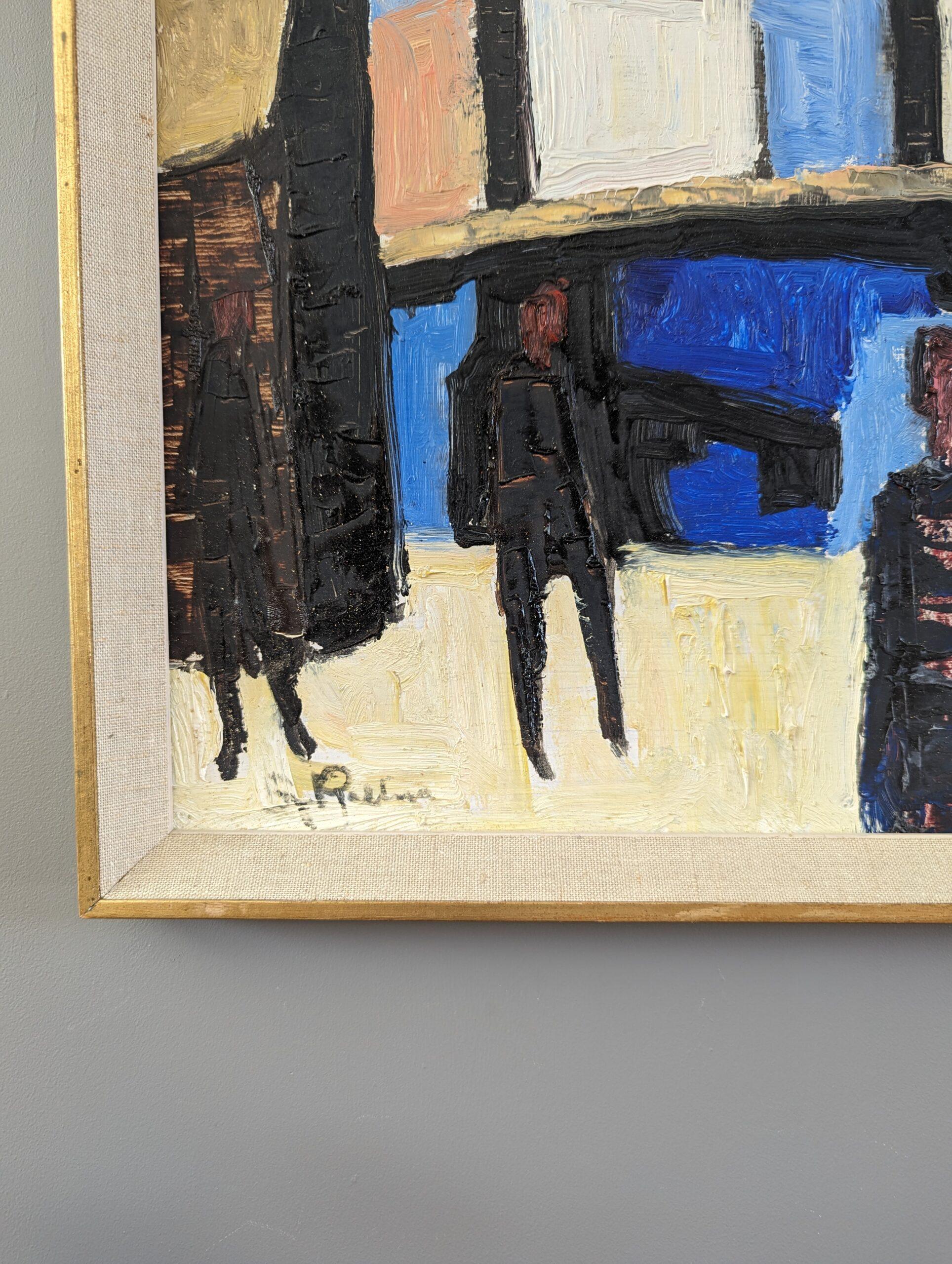 Vintage Mid-Century Modern Swedish Oil Painting - Figures by the Harbour For Sale 5