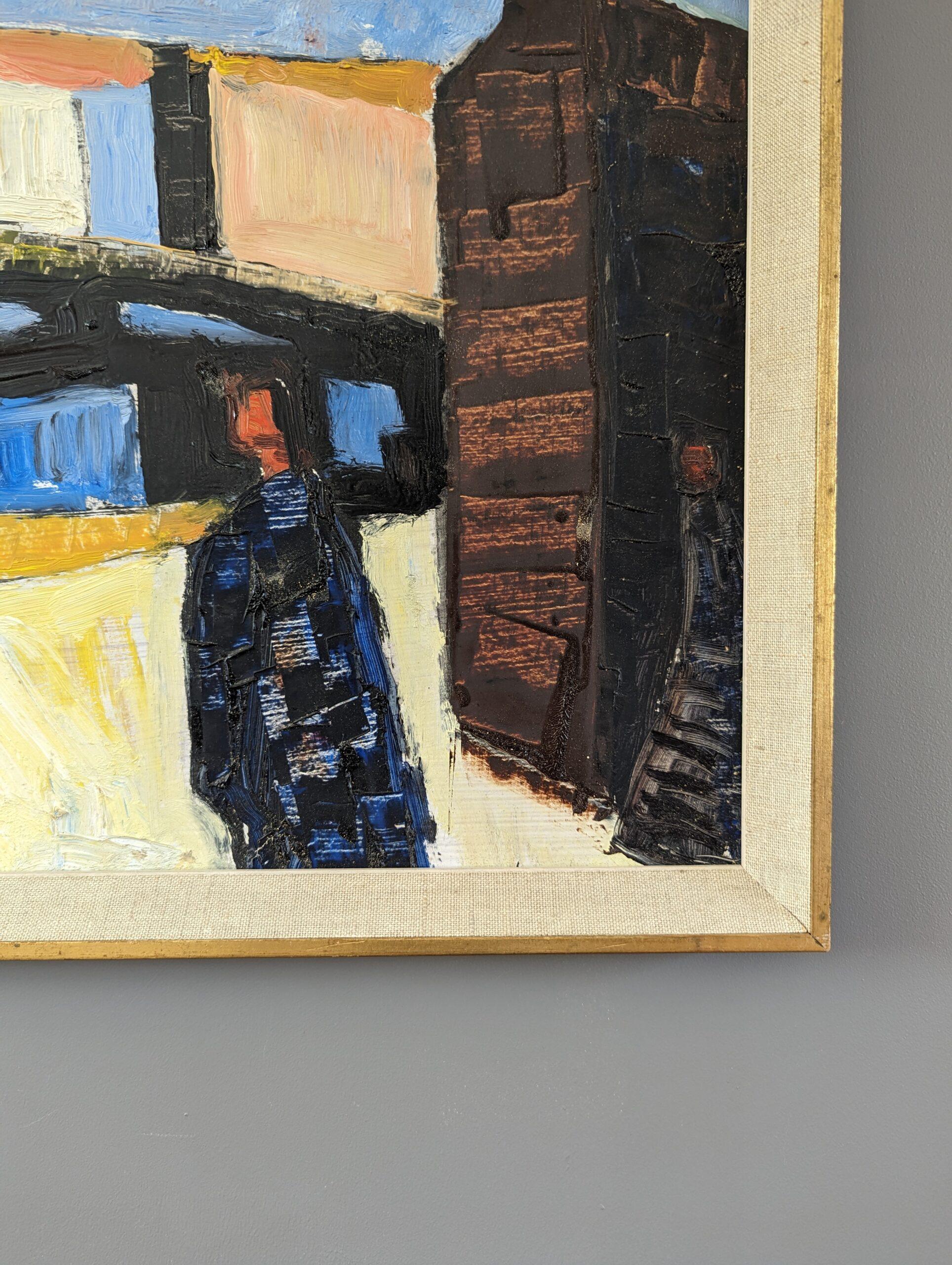 Vintage Mid-Century Modern Swedish Oil Painting - Figures by the Harbour For Sale 6