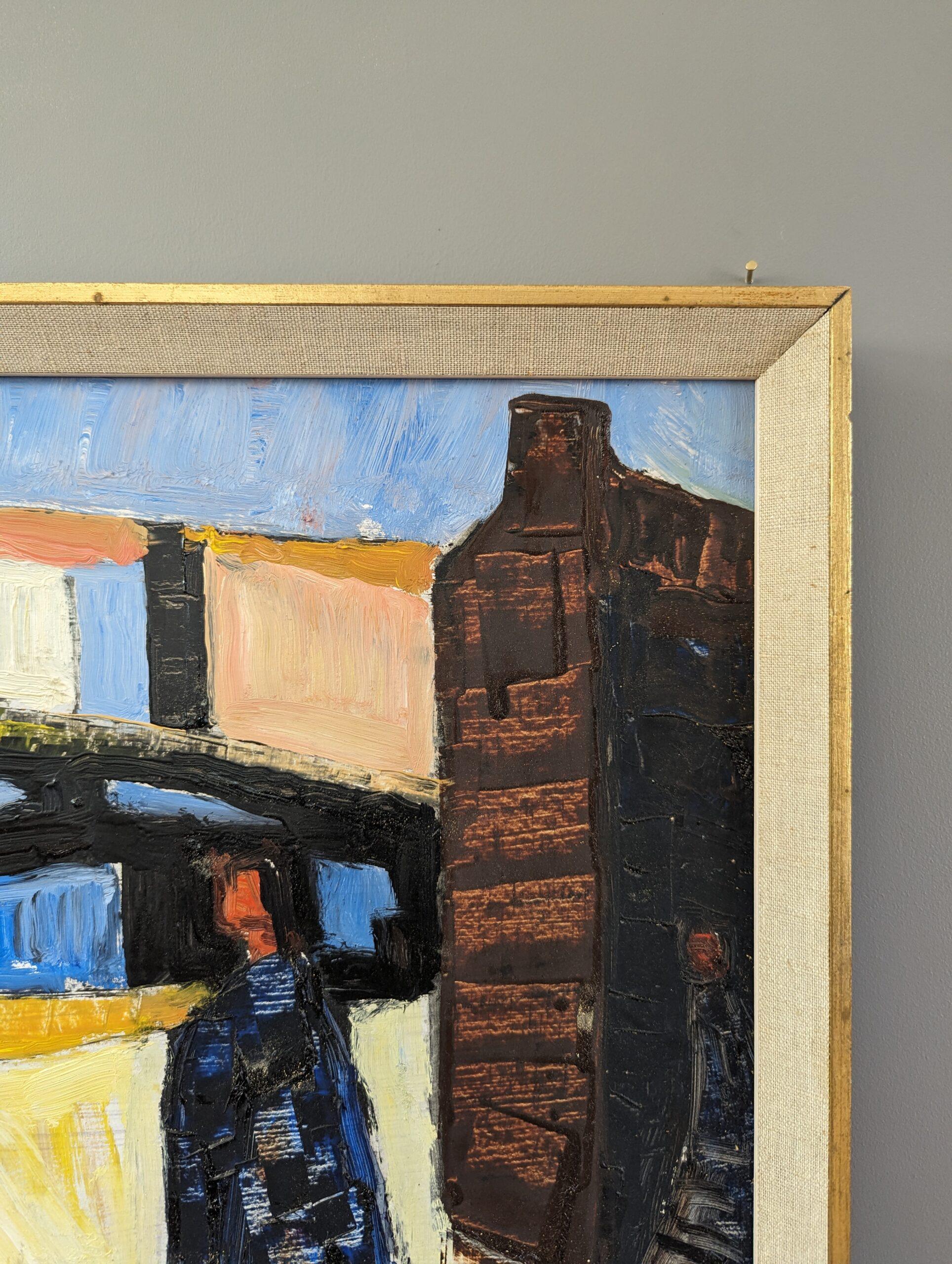 Pittura ad olio svedese d'epoca della metà del secolo scorso - Figure al porto 4