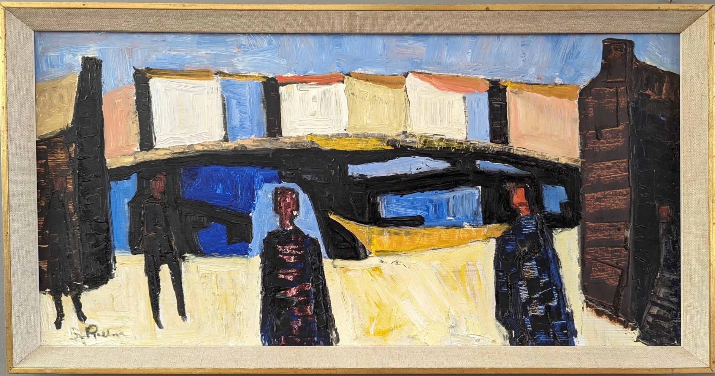 Unknown Figurative Painting - Vintage Mid-Century Modern Swedish Oil Painting - Figures by the Harbour
