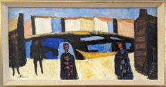 Vintage Mid-Century Modern Swedish Oil Painting - Figures by the Harbour