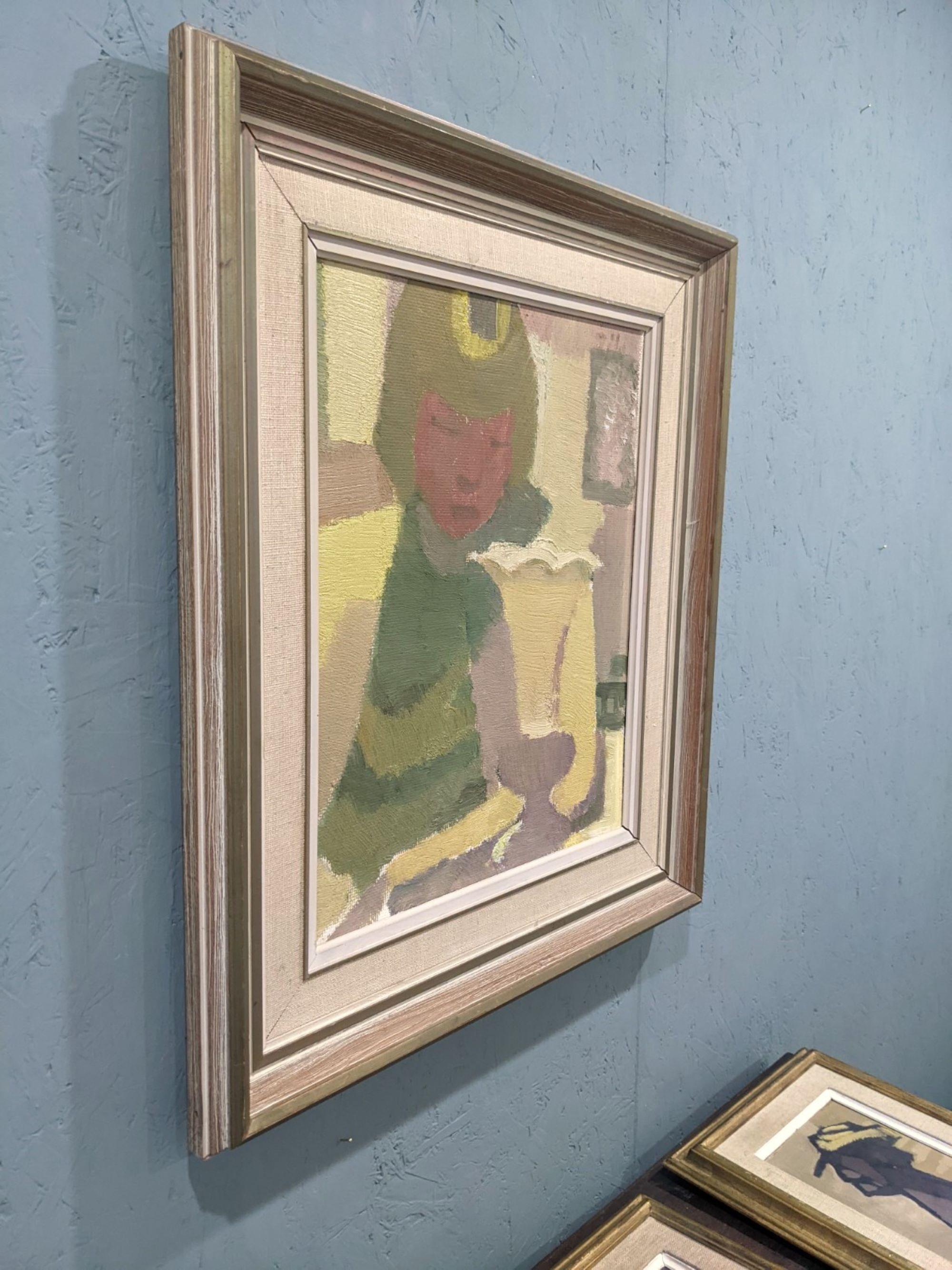PORTRAIT IN AN INTERIOR
Size: 57 x 49.5 cm (including frame)
Oil on board

A beautifully executed and subtle mid century modernist portrait, executed in oil onto board.

This semi-abstract composition depicts a female figure in an interior setting,