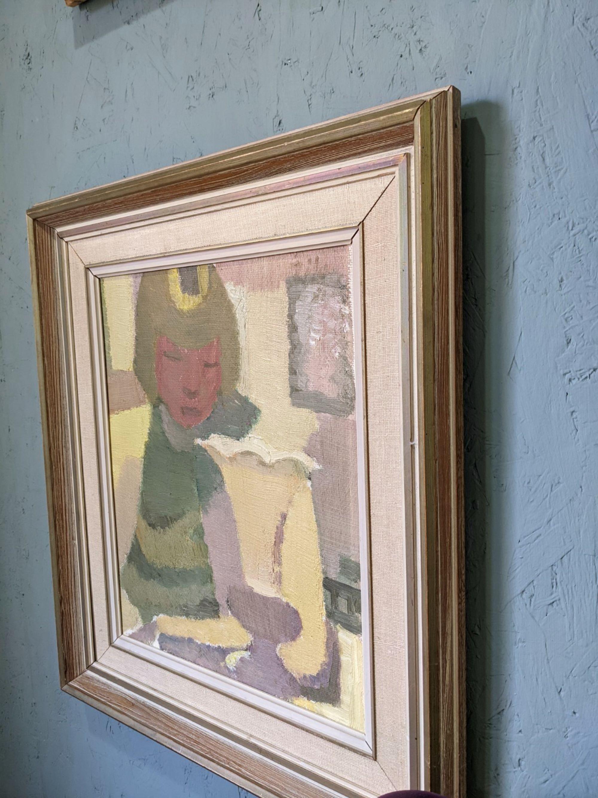 Vintage Mid-Century Modern Swedish Oil Painting -Portrait in an Interior, Framed 1