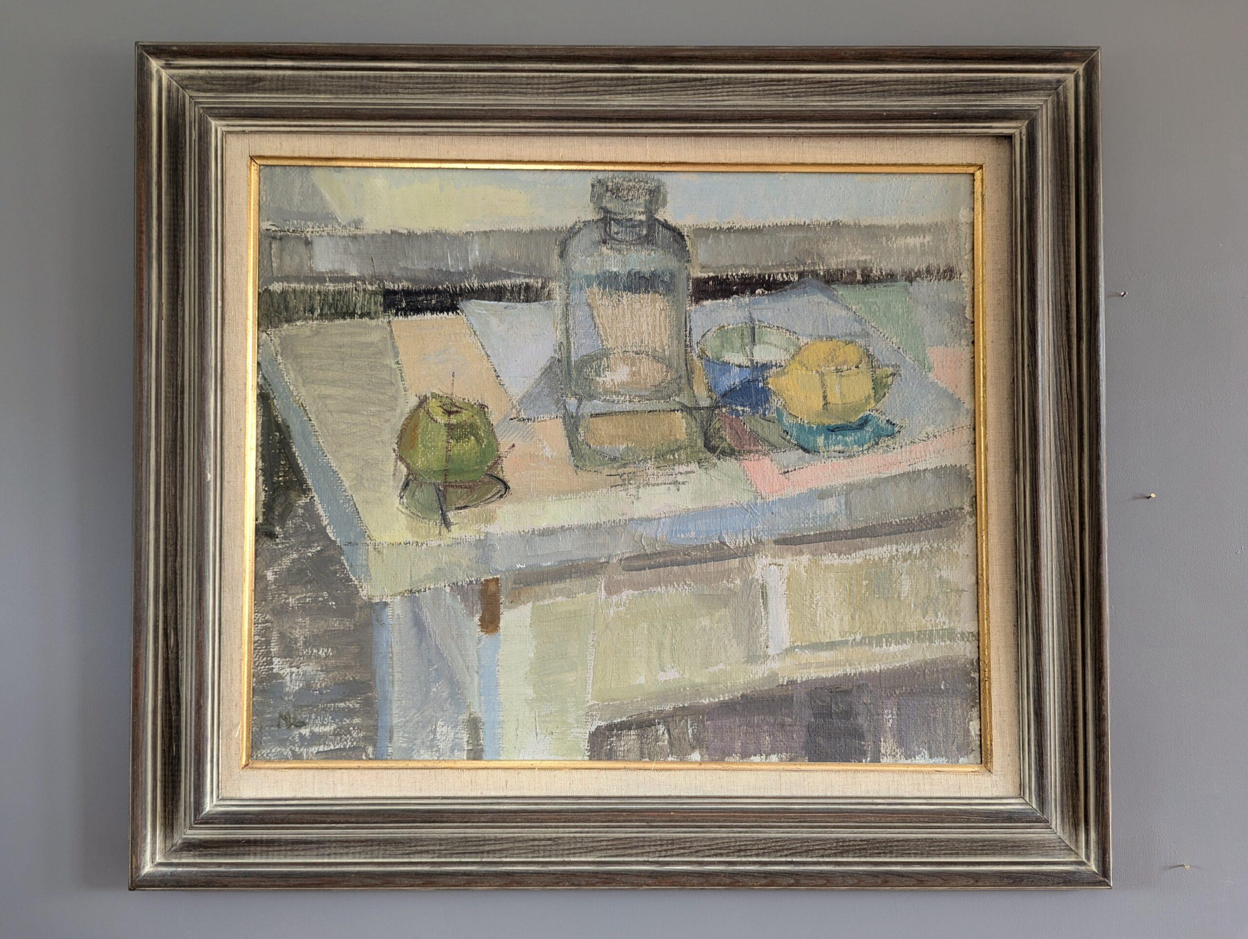 Vintage Mid-Century Modern Swedish Oil Painting - Still Life with Glass Bottle 7