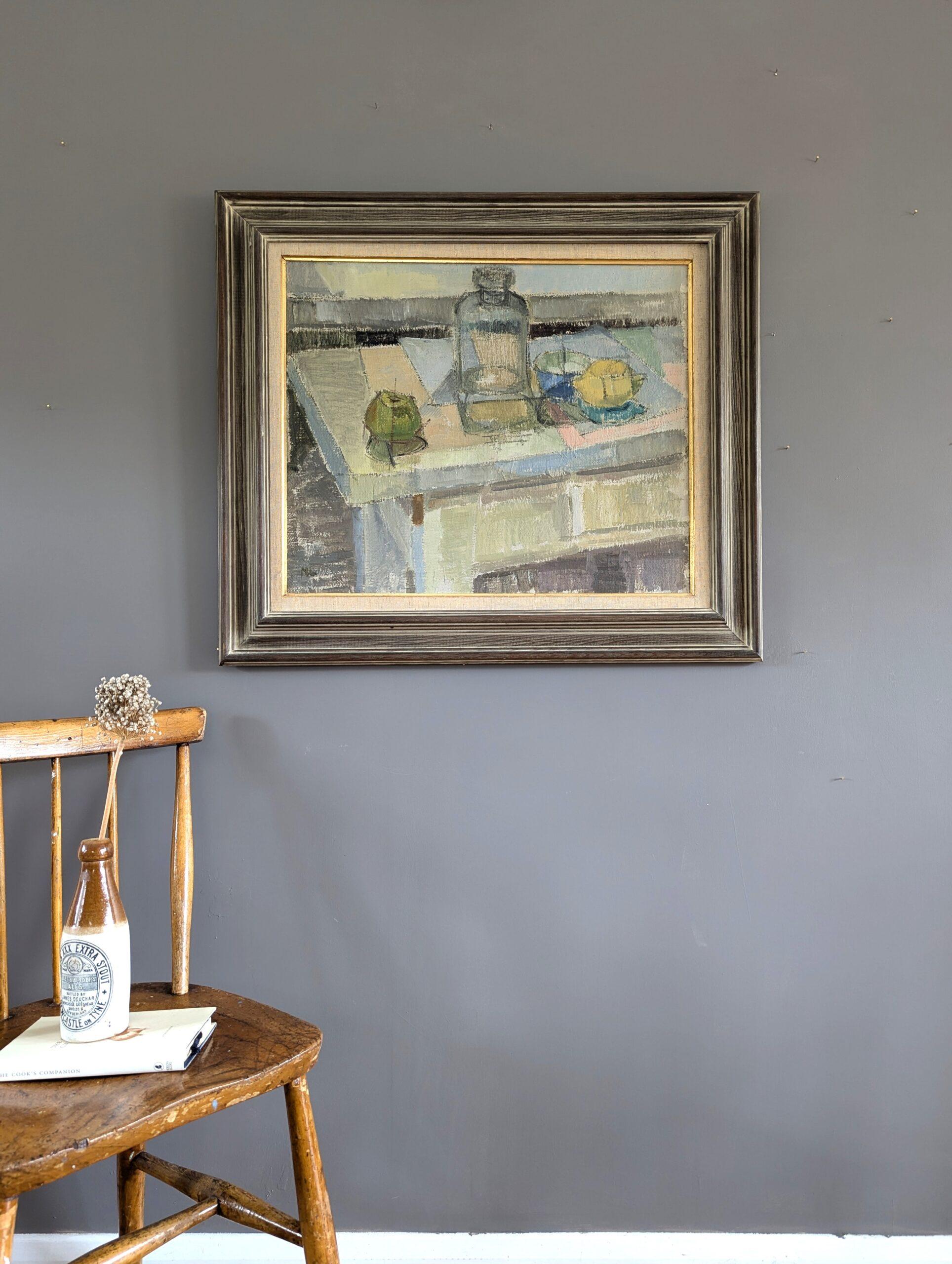 Vintage Mid-Century Modern Swedish Oil Painting - Still Life with Glass Bottle - Gray Still-Life Painting by Unknown