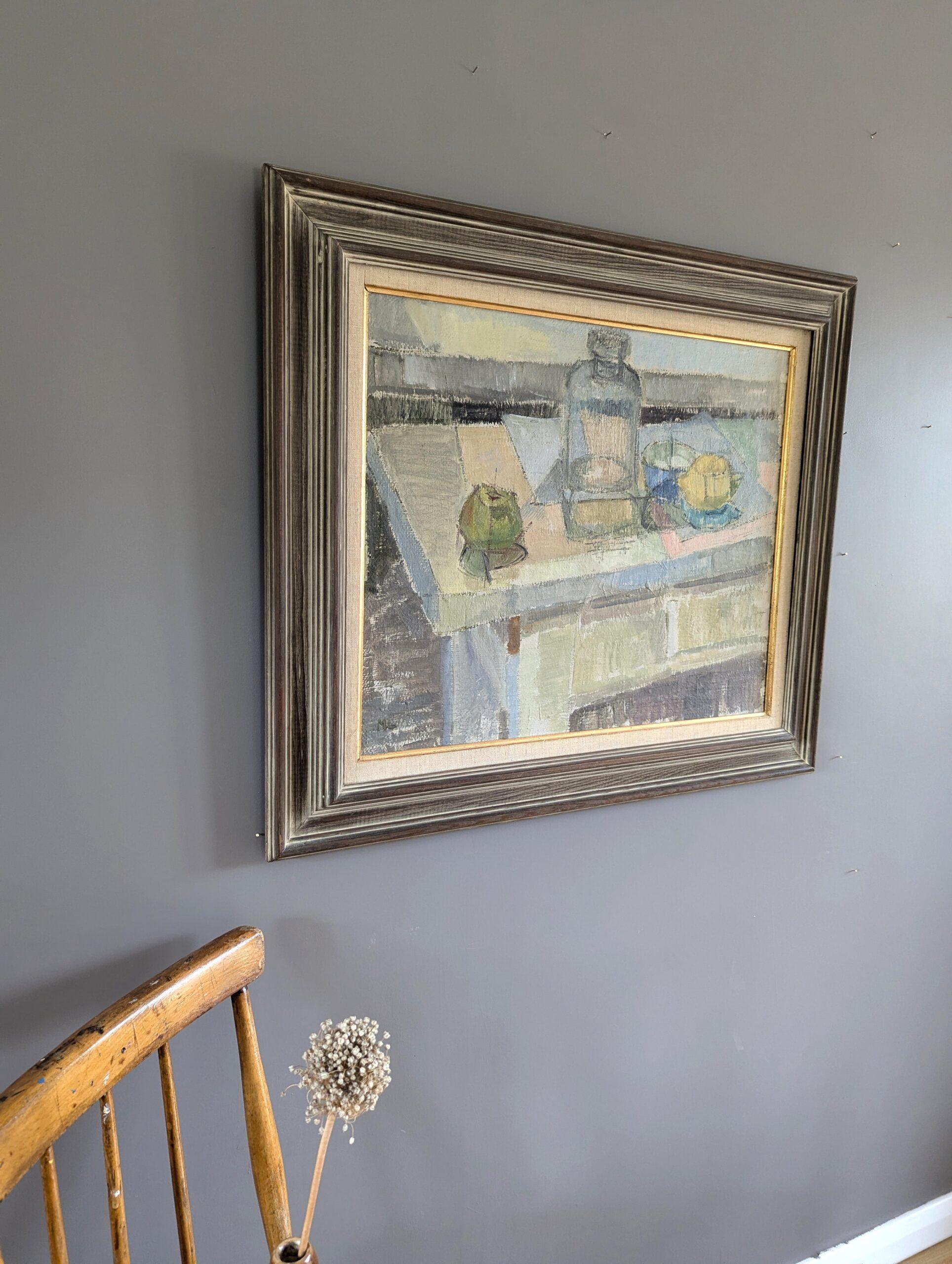 Vintage Mid-Century Modern Swedish Oil Painting - Still Life with Glass Bottle 1