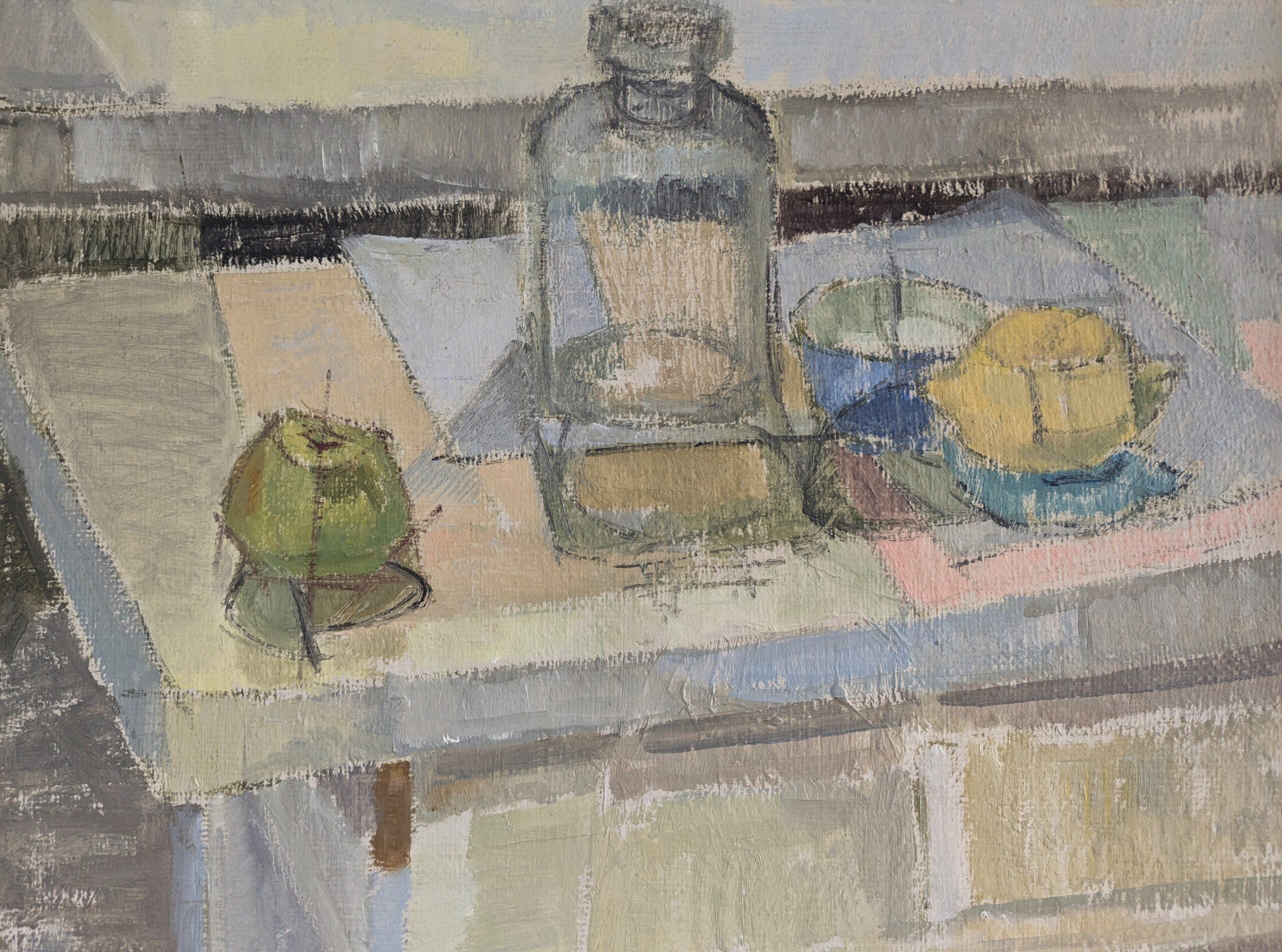 Vintage Mid-Century Modern Swedish Oil Painting - Still Life with Glass Bottle 4