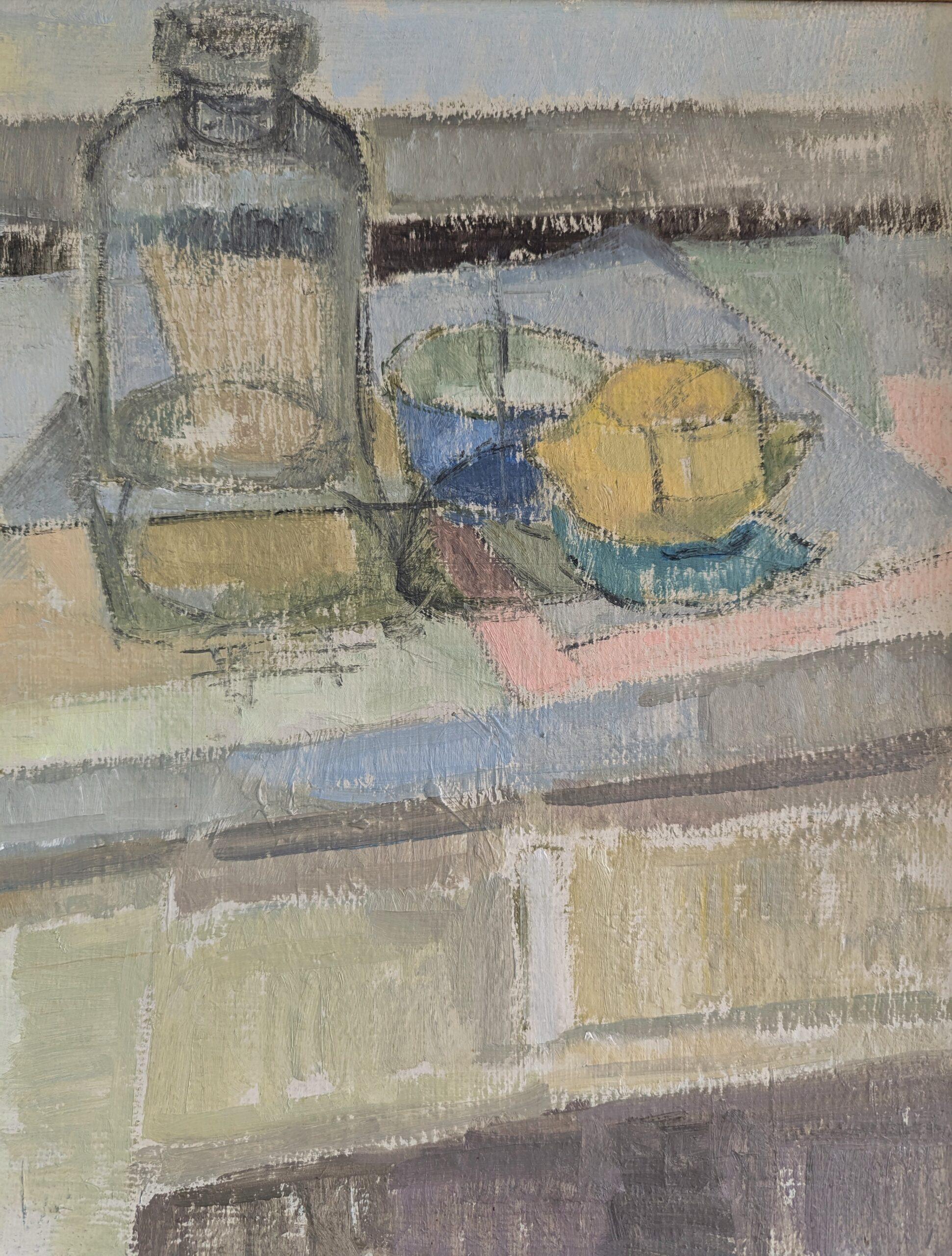Vintage Mid-Century Modern Swedish Oil Painting - Still Life with Glass Bottle 6