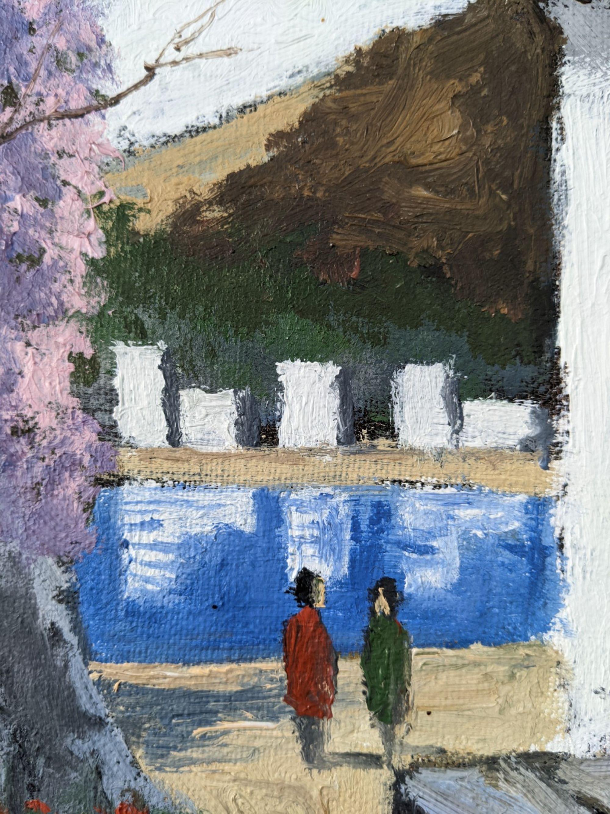 THE LAKE
Size: 40 x 35 cm (including frame)
Oil on canvas

A charming mid century landscape view of Tenerife, executed in oil onto canvas.

This small yet striking painting is filled with details, and encourages the viewer to look further into the