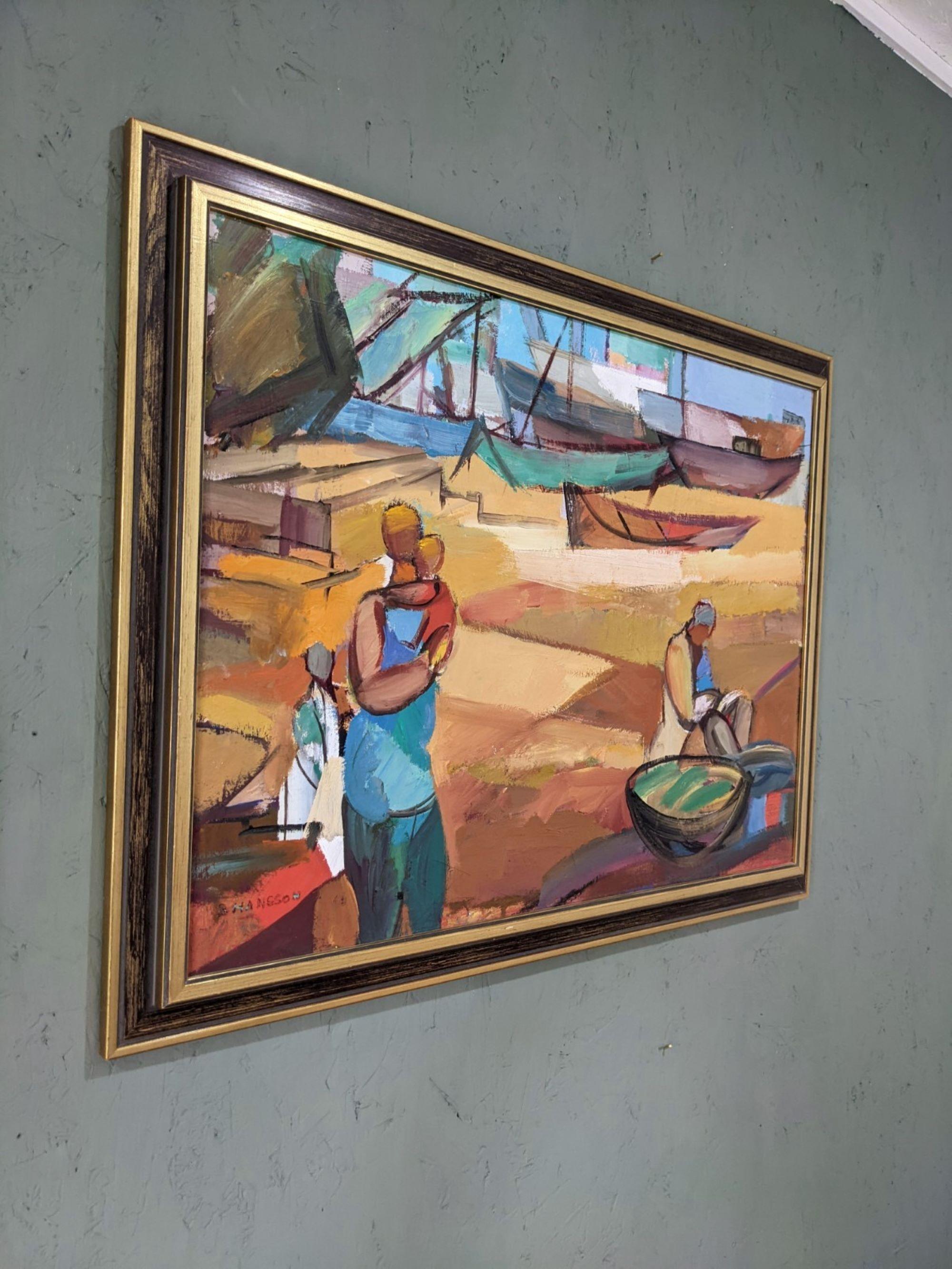 FISHING BOATS
Size: 46 x 59 cm (including frame)
Oil on board

A heart warming and very well executed mid century modernist fishing village scene, painted in oil onto board, by the established female Swedish artist Brita Hansson (1918-1979).

A warm