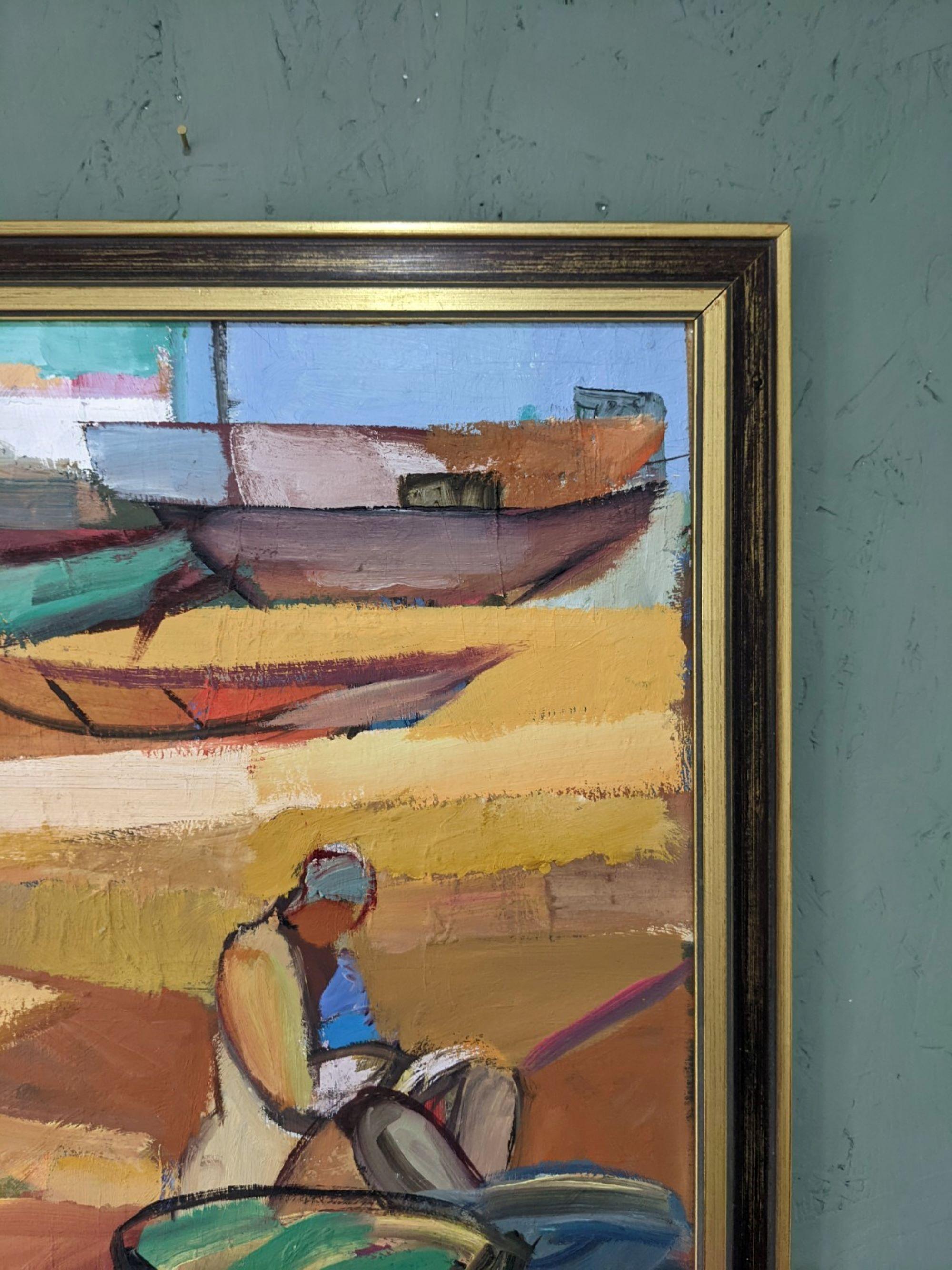 Vintage Mid-Century Modern Swedish Painting, Brita Hansson - Fishing Boats 3