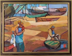 Vintage Mid-Century Modern Swedish Painting, Brita Hansson - Fishing Boats