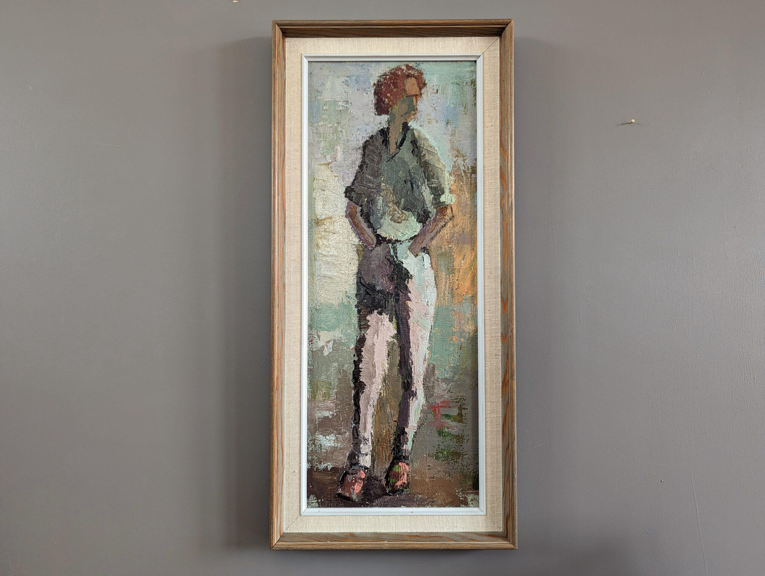 STANDING FIGURE IN PASTEL
Size: 56.5 x 26.5 cm (including frame)
Oil on Board

A wonderfully executed and textured mid-century portrait composition, painted in oil onto board.

The focal point of the painting is a figure standing upright, hands