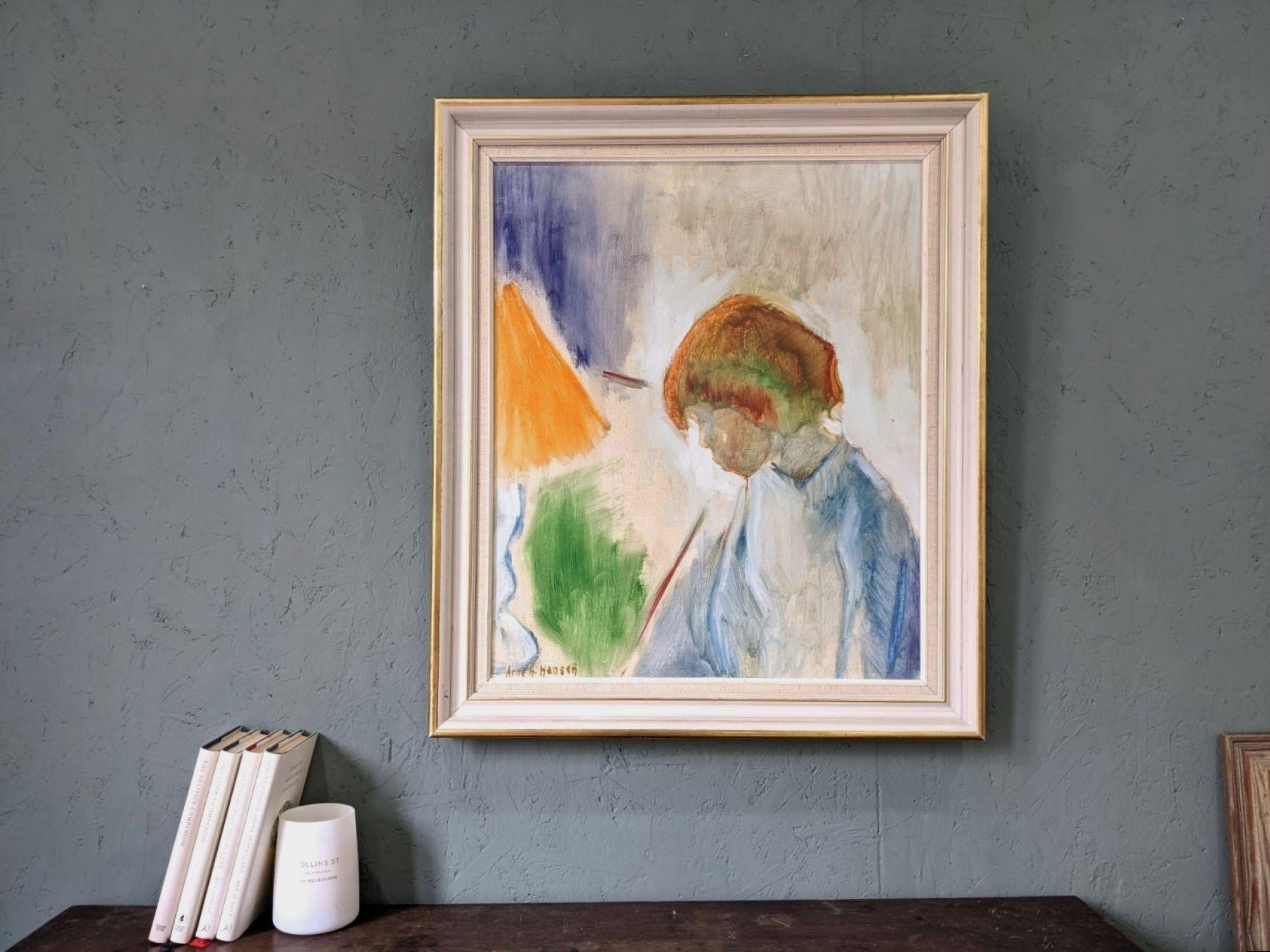 GLEAM
Size: 71 x 61 cm (including frame)
Oil on canvas

A thoughtful and expressive modernist style portrait, executed in oil onto canvas.

The artwork depicts a side profile view of a young figure dressed in blue clothing, and standing beside a